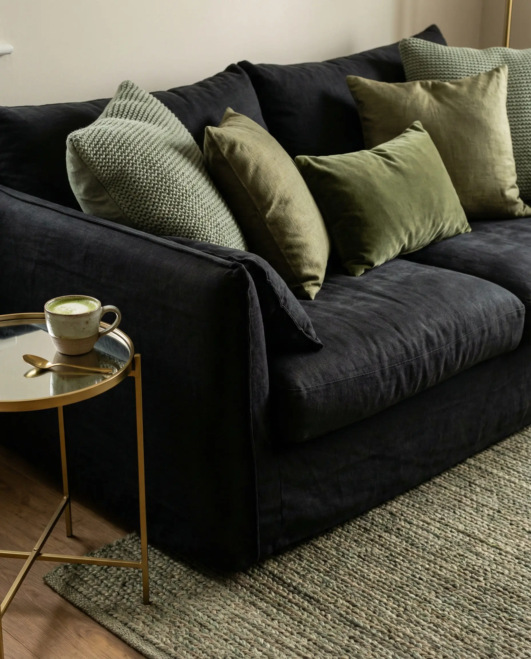 Styling detail of a black linen sofa with textured sage and olive green throw pillows.