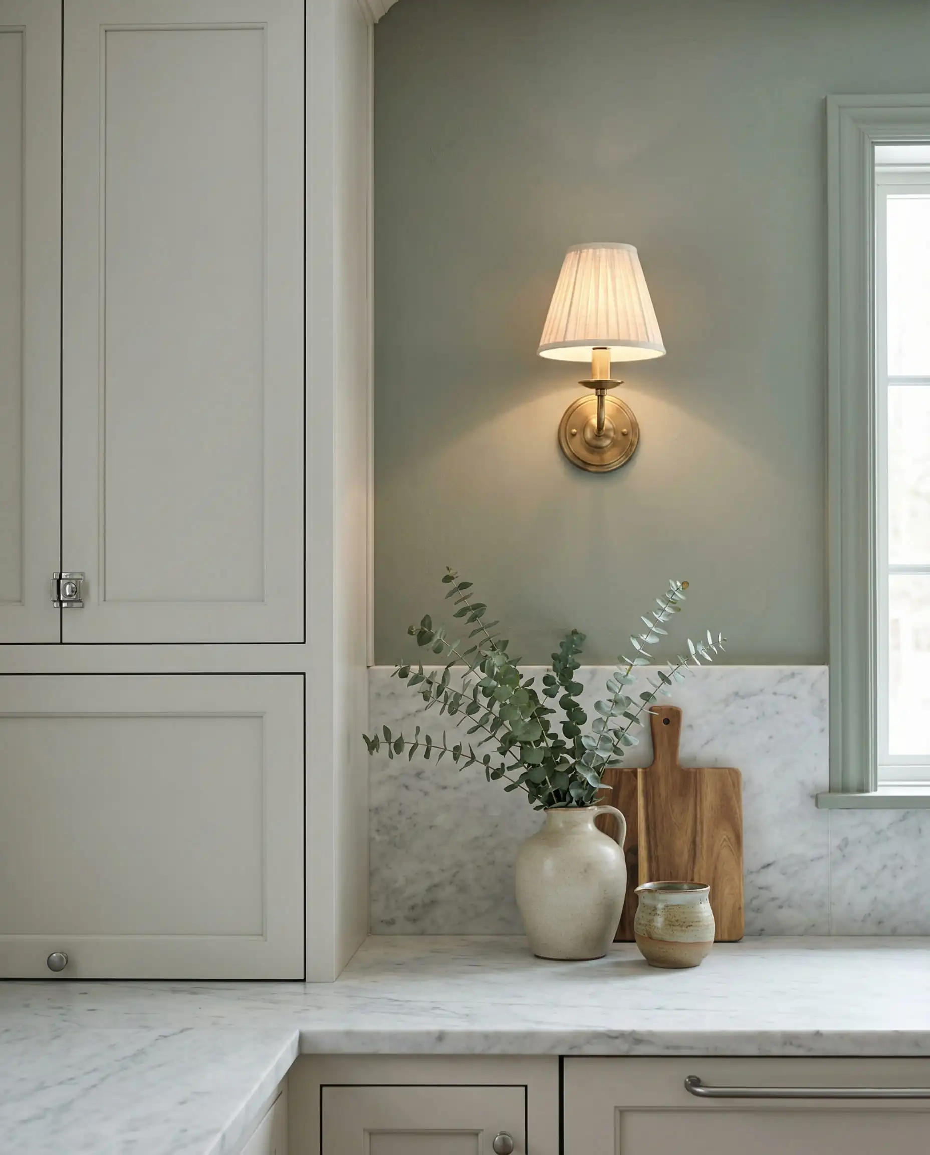 Corner detail of a kitchen with light gray cabinets and muted sage green walls, featuring a brass sconce.