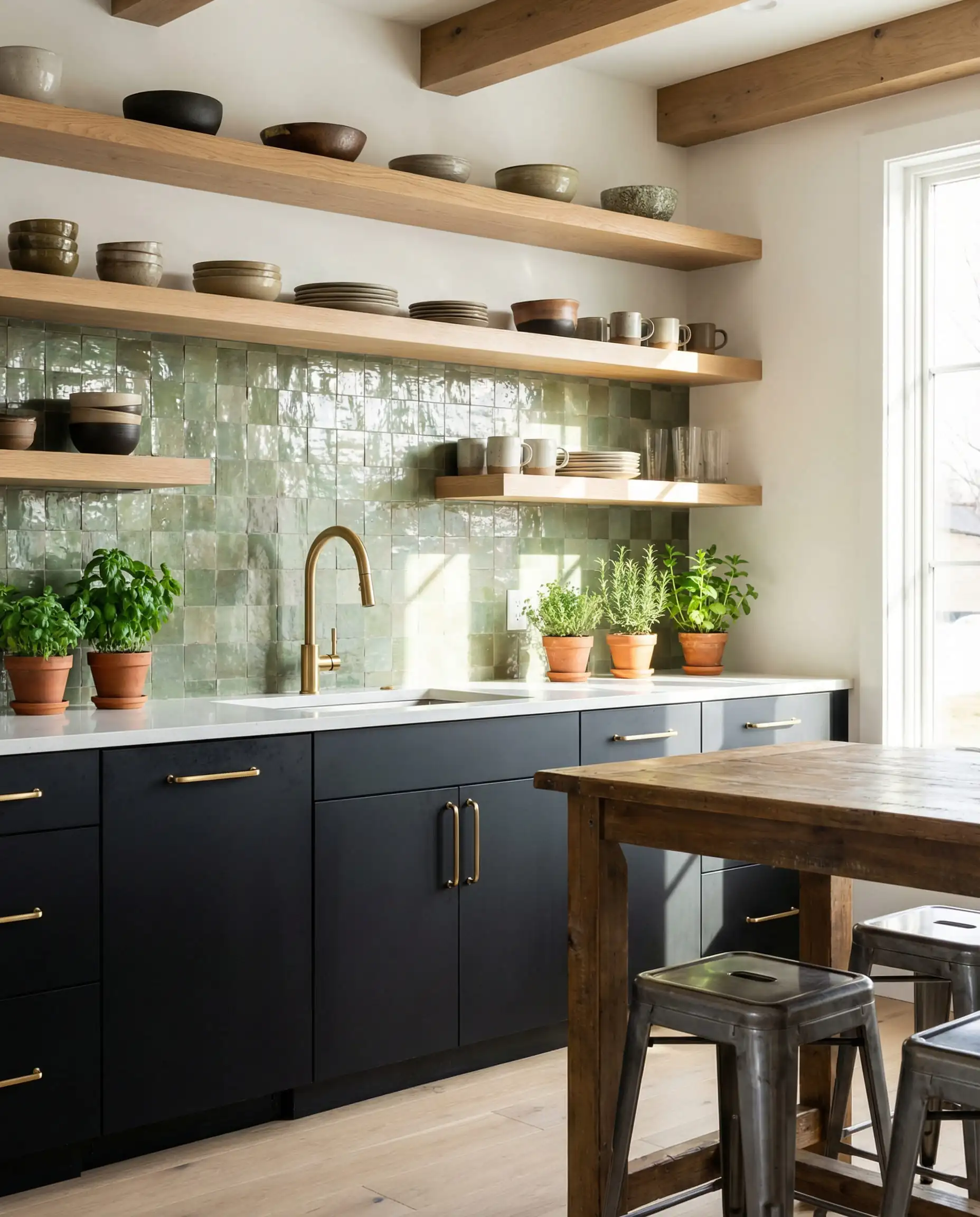 Modern kitchen with matte black lower cabinets and glossy sage green Zellige tile backsplash.