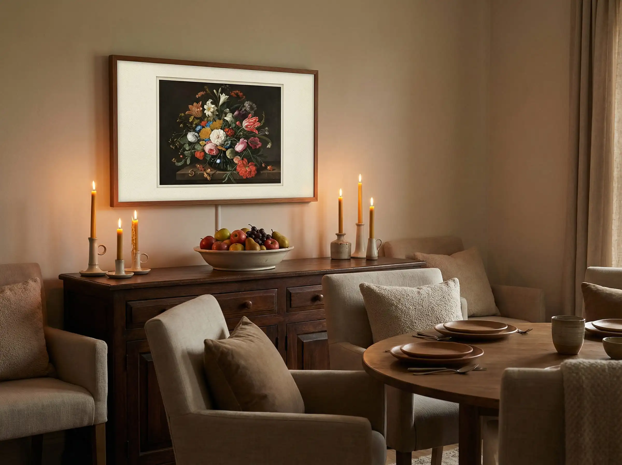 Transition dining room with a Samsung Frame TV mounted above a buffet displaying a classic oil painting.