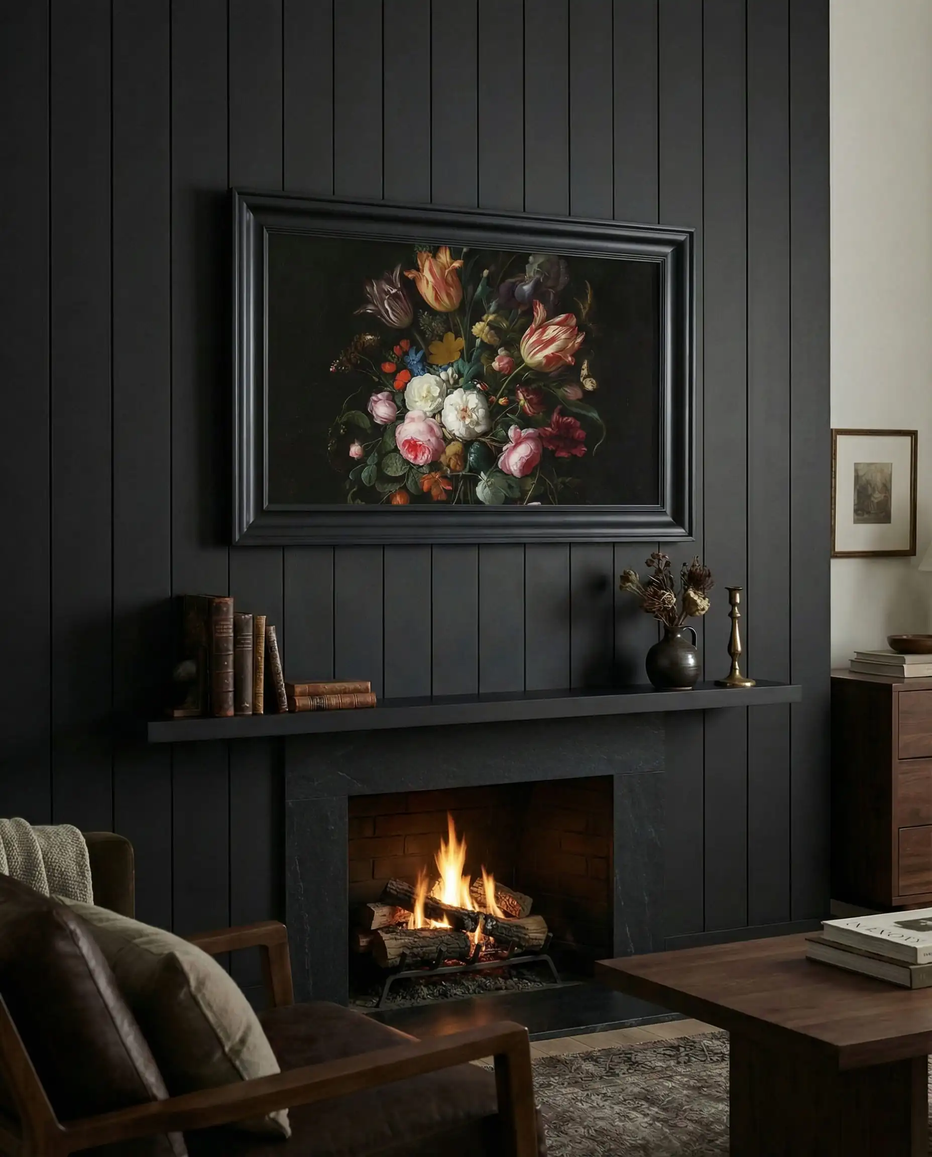 Samsung Frame TV displaying art mounted on a black shiplap wall, blending in as decor.