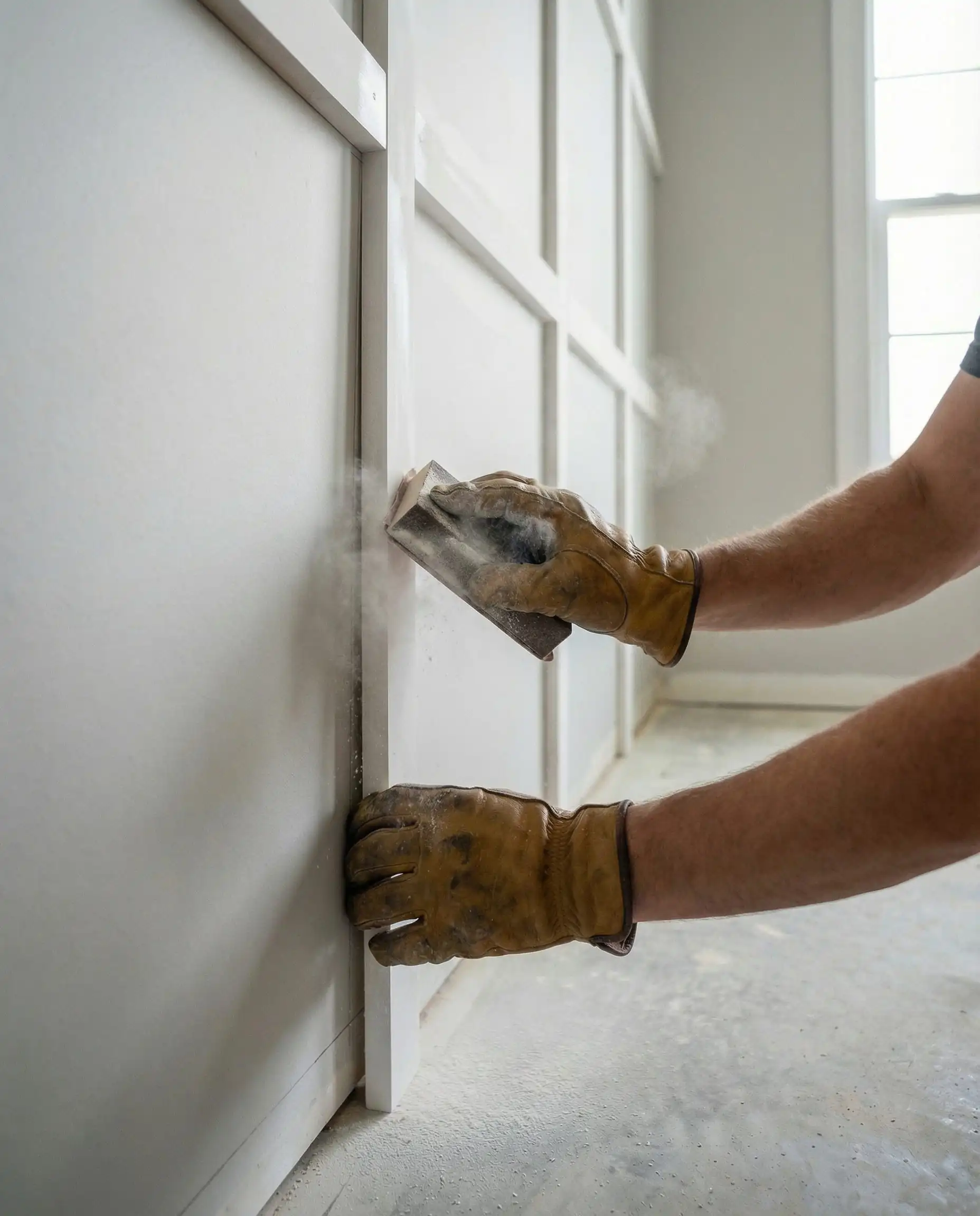 Sanding wood filler over nail holes on a primed batten for a smooth finish.