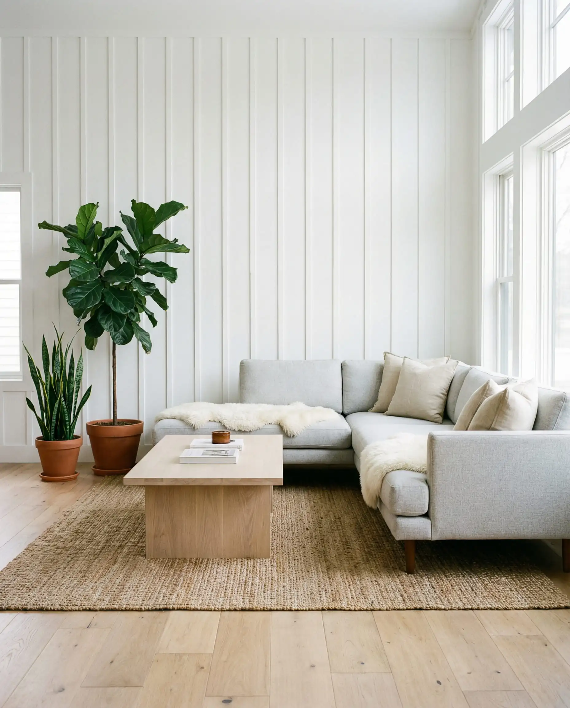 Bright Scandinavian living room with white vertical board and batten wall and grey sectional sofa.