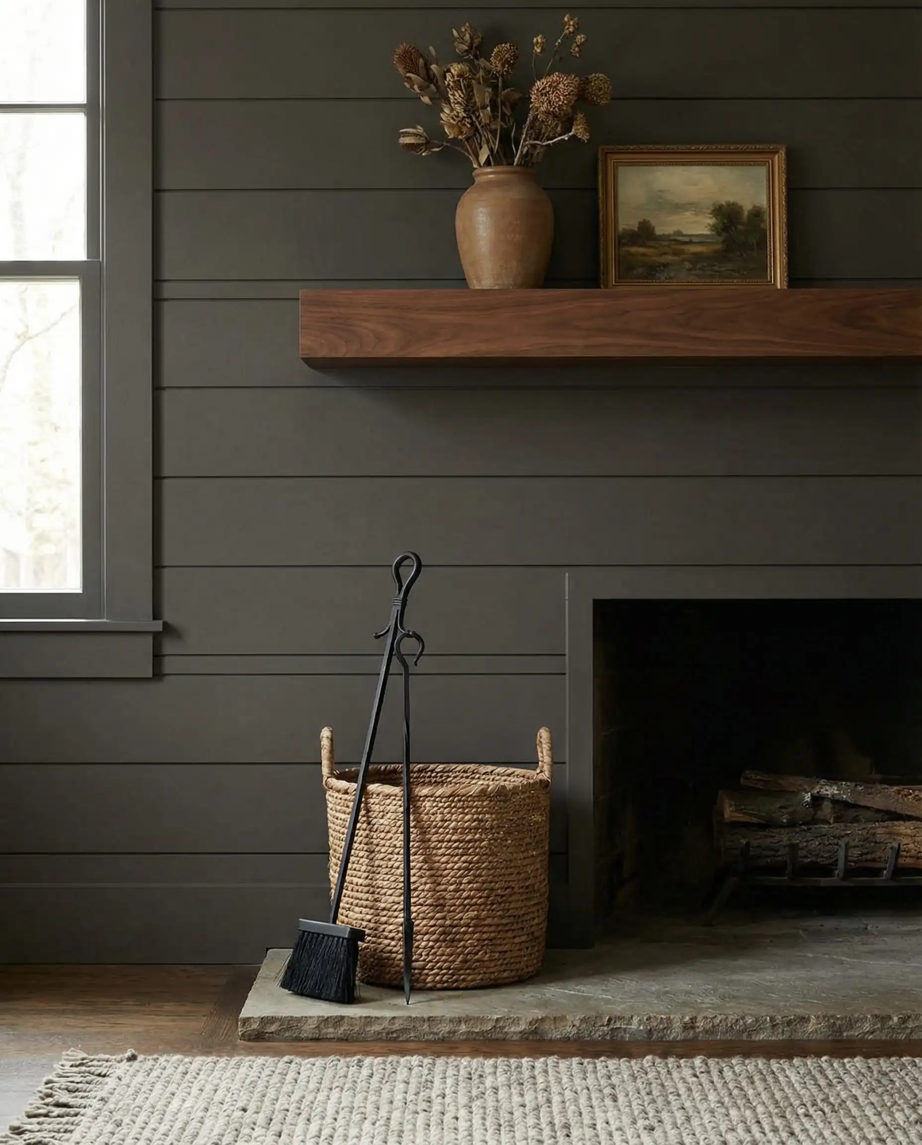 Fireplace wall painted in Sherwin Williams Iron Ore showing the soft charcoal undertones against walnut wood.