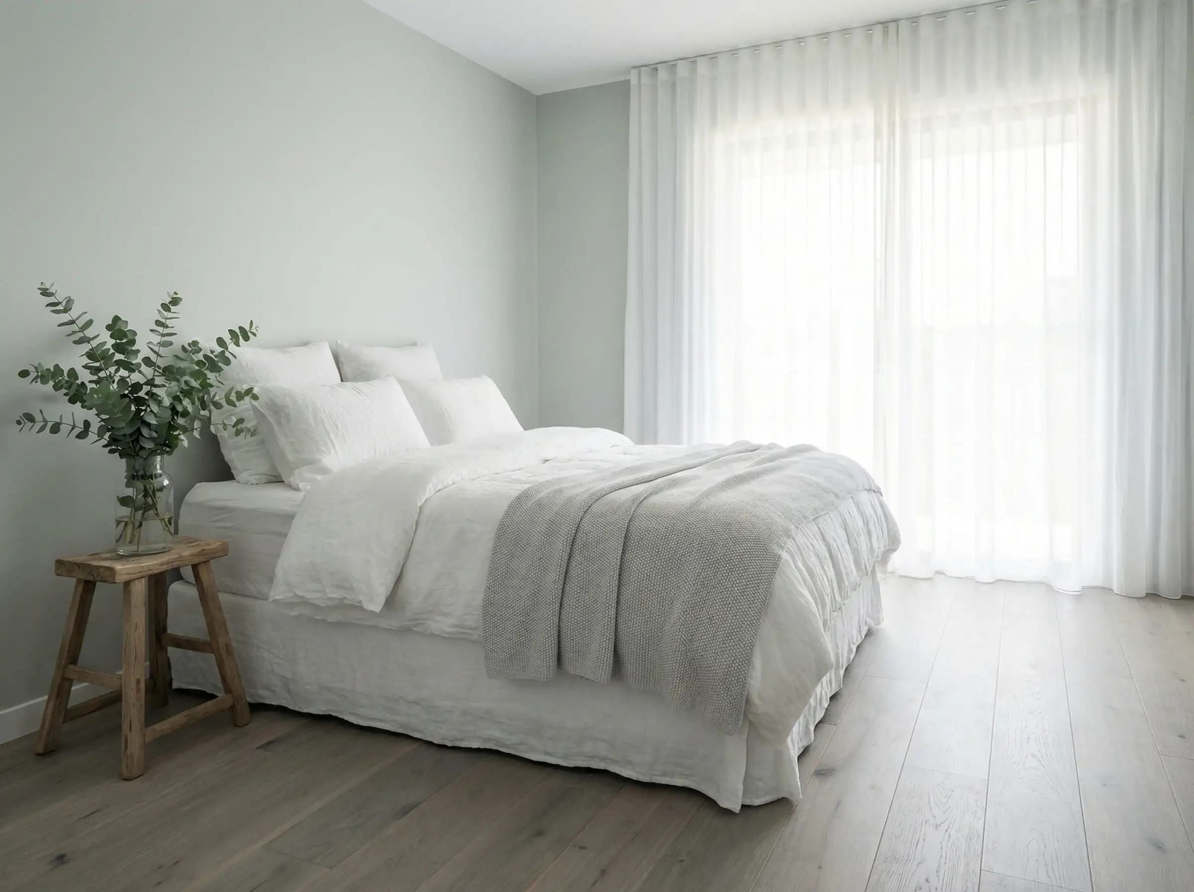 Spa-like master bedroom featuring Sherwin-Williams Sea Salt walls, pale gray oak flooring, and white linen bedding.