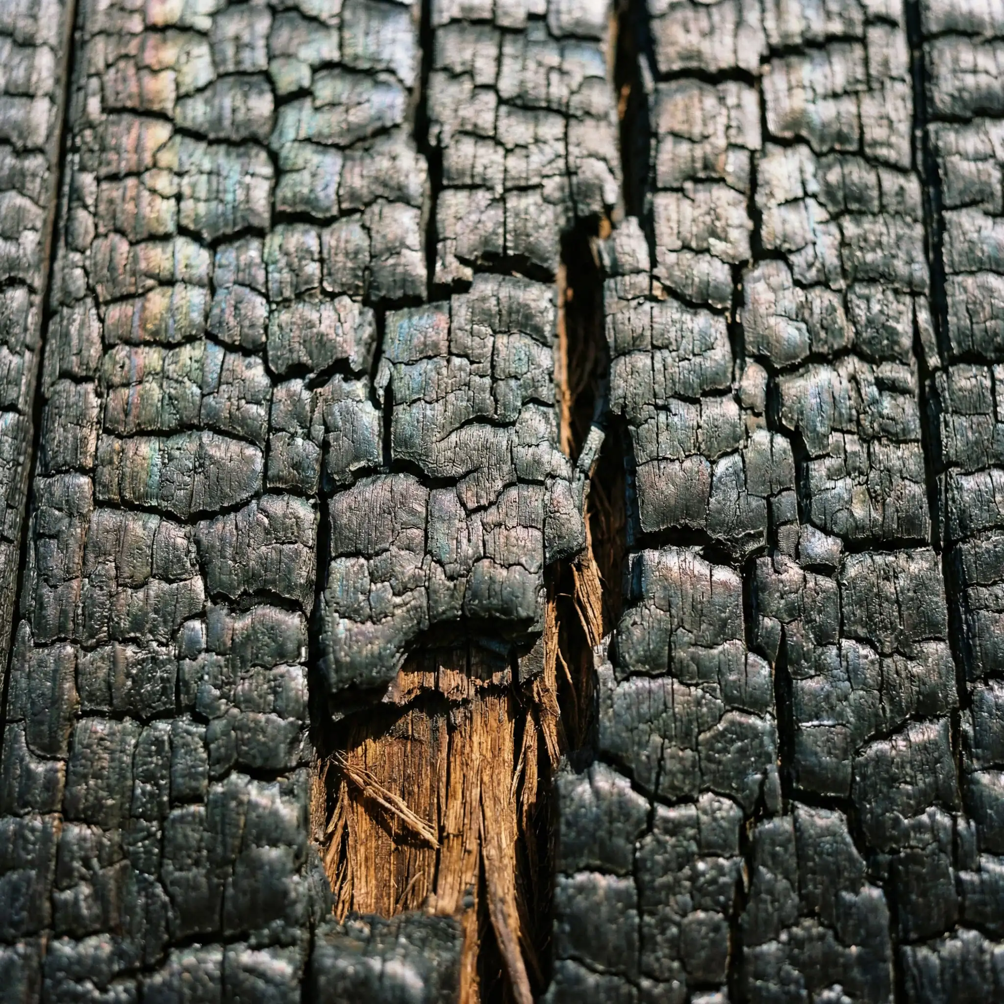 Macro shot of charred Shou Sugi Ban wood siding showing deep cracks and texture.