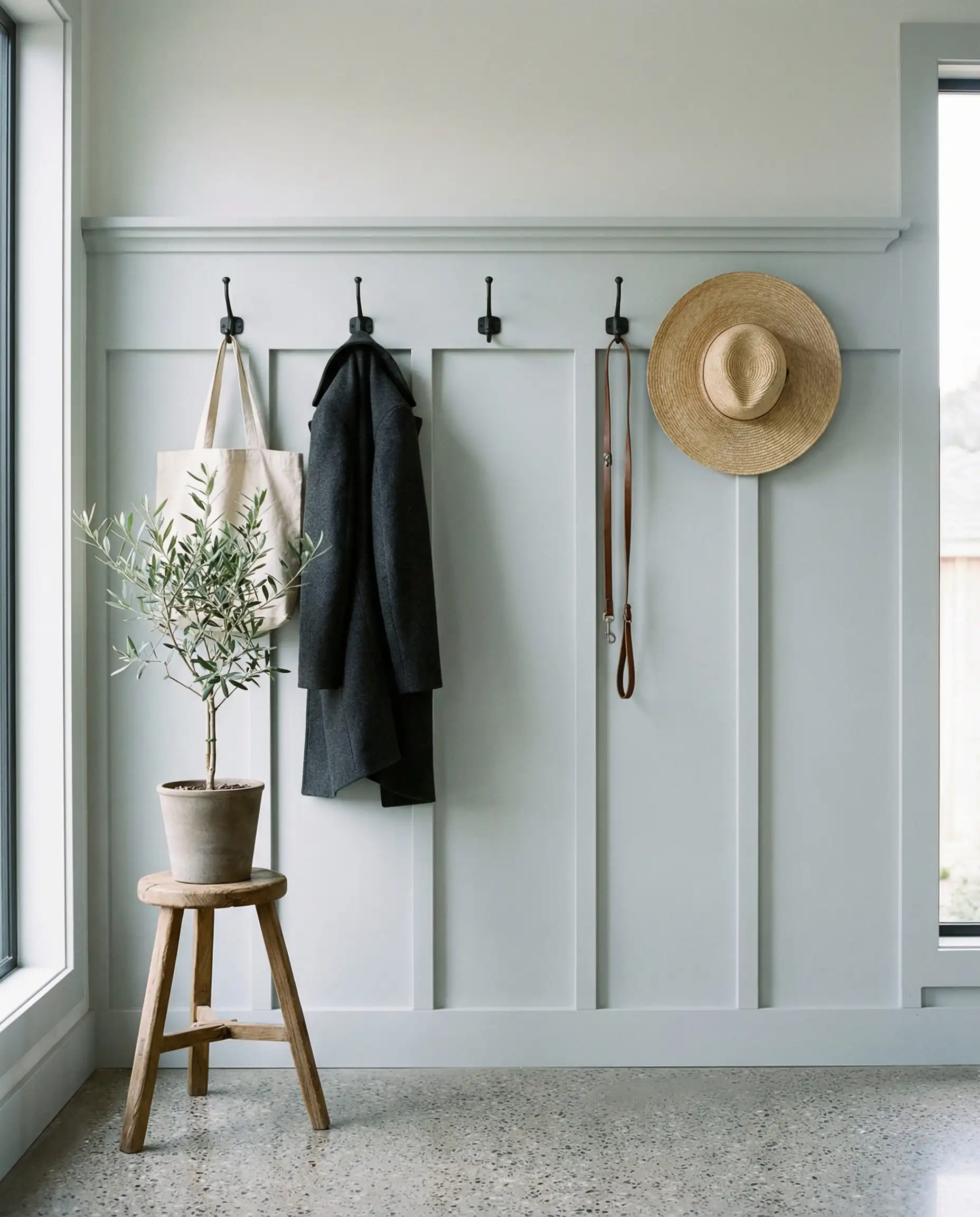 Simple grey board and batten entryway wall with a row of black iron hooks and rustic stool.