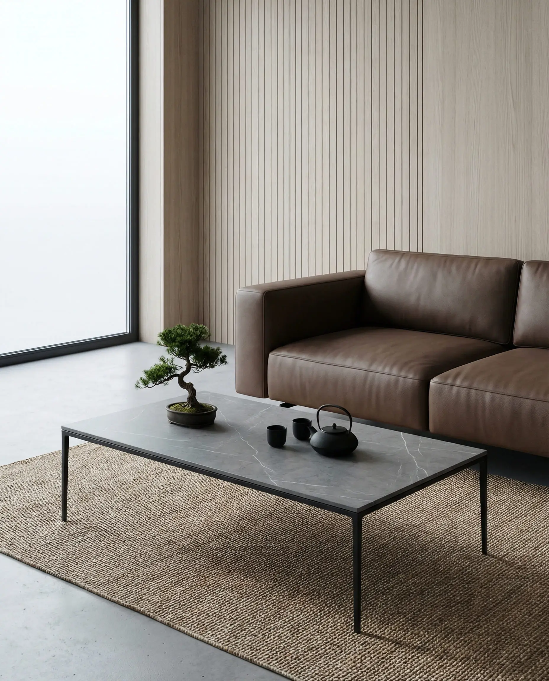 Sleek grey sintered stone coffee table with thin legs styled in a Japandi living room with a square-arm mocha brown leather couch.