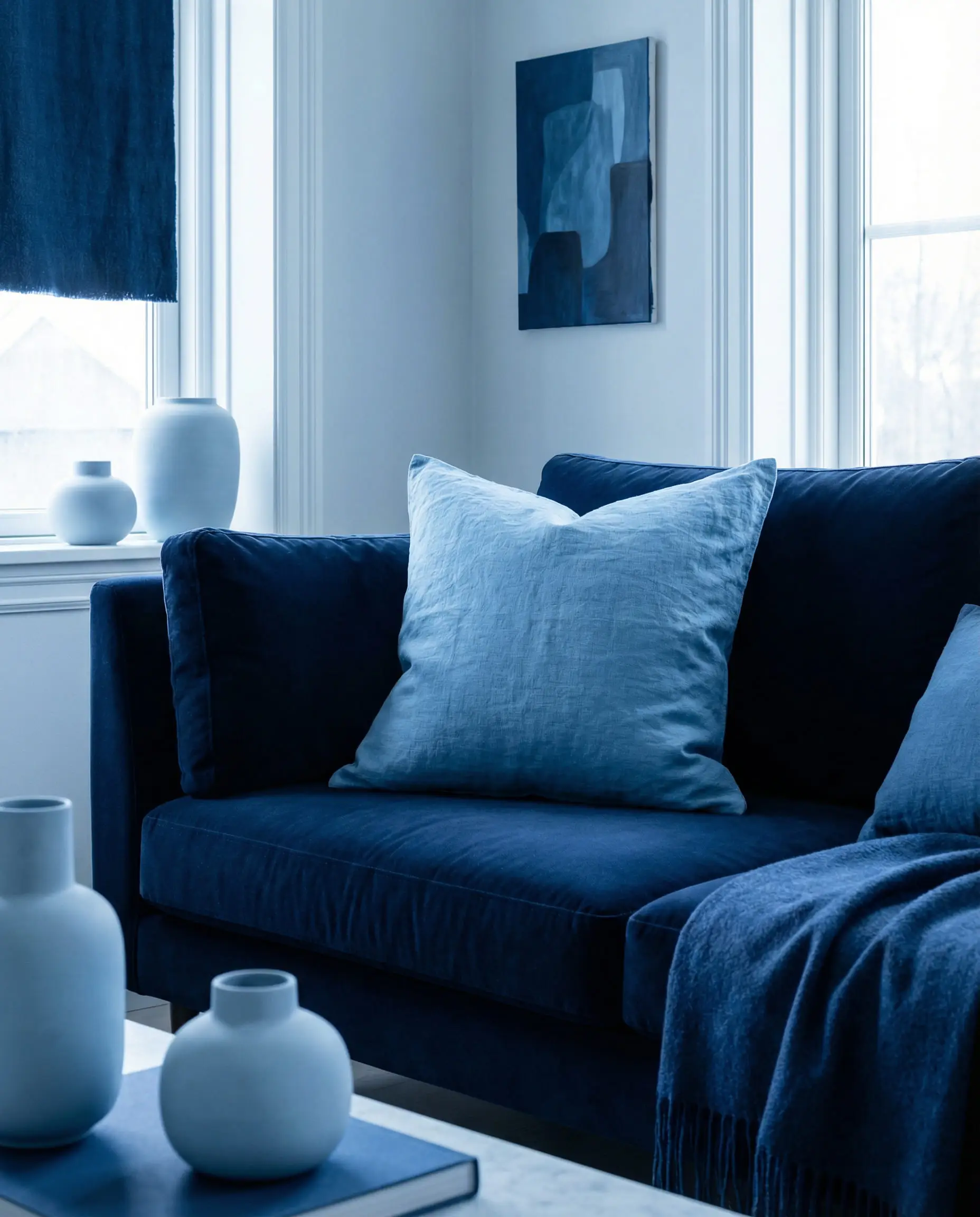 Navy blue sofa styled with a lighter sky blue linen pillow for a tonal look.