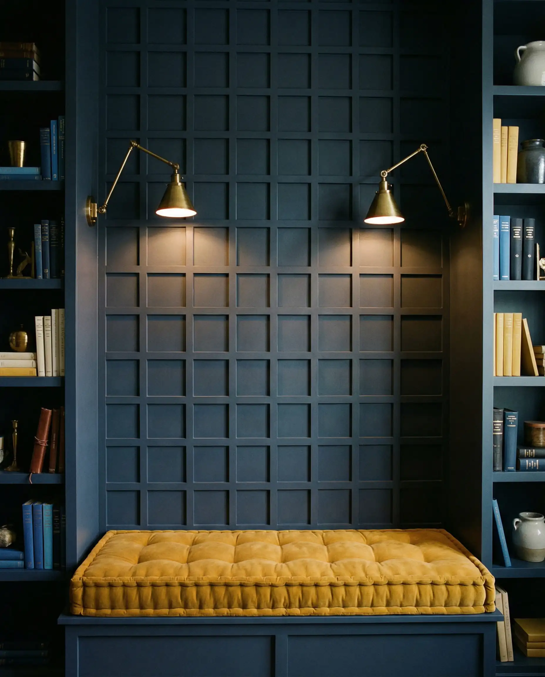 Dark charcoal blue reading nook featuring small grid board and batten paneling with built-in bench and brass sconces.