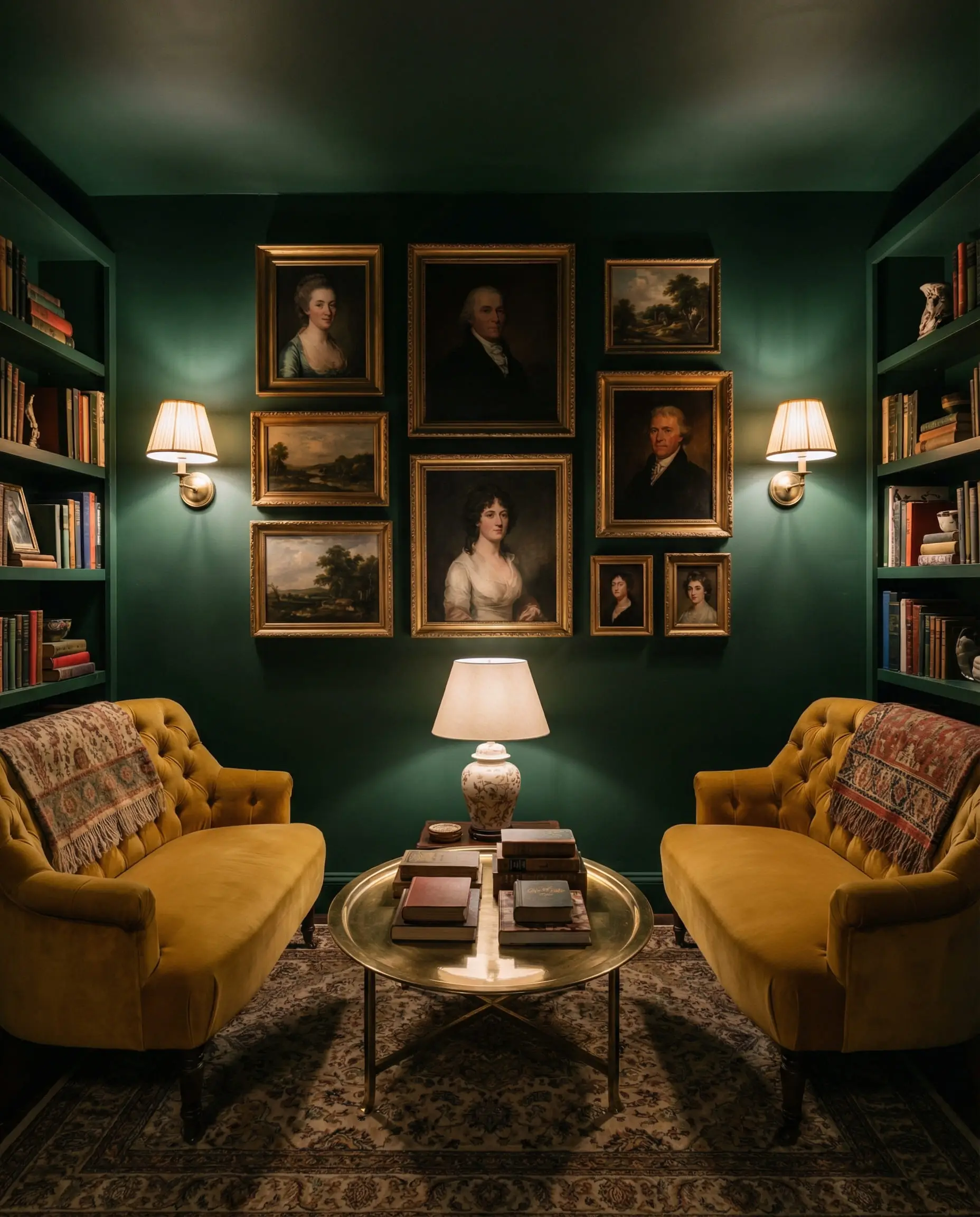 A tiny, cozy "snug" room painted dark green, featuring two small mustard yellow loveseats facing each other.