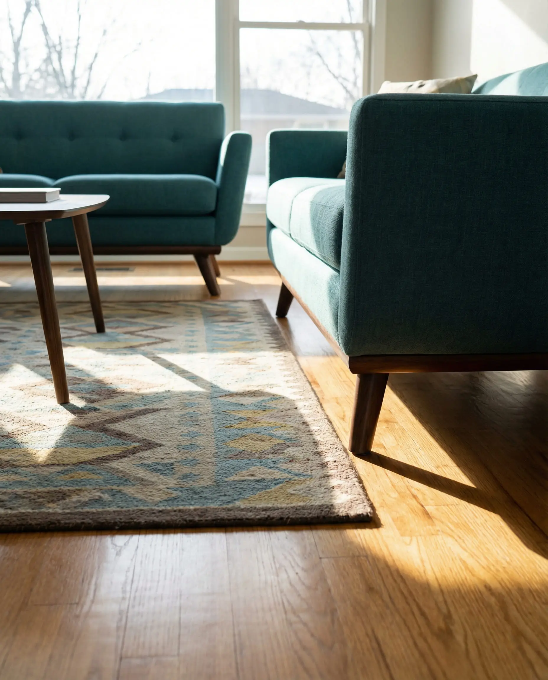 Low angle shot of two teal sofas with high tapered wooden legs, showing the floor visible underneath to create space.