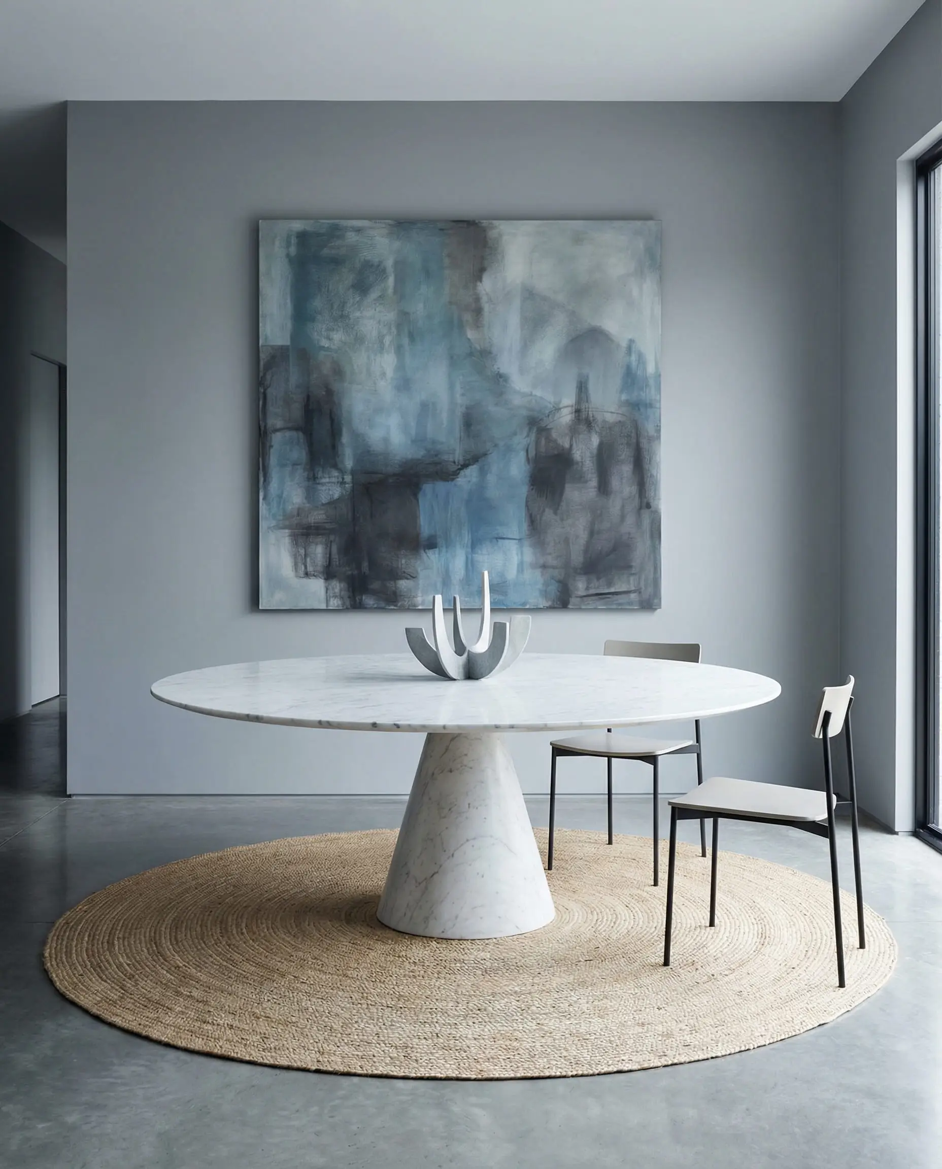 Round marble dining table centered in front of a large square abstract painting to create geometric contrast.