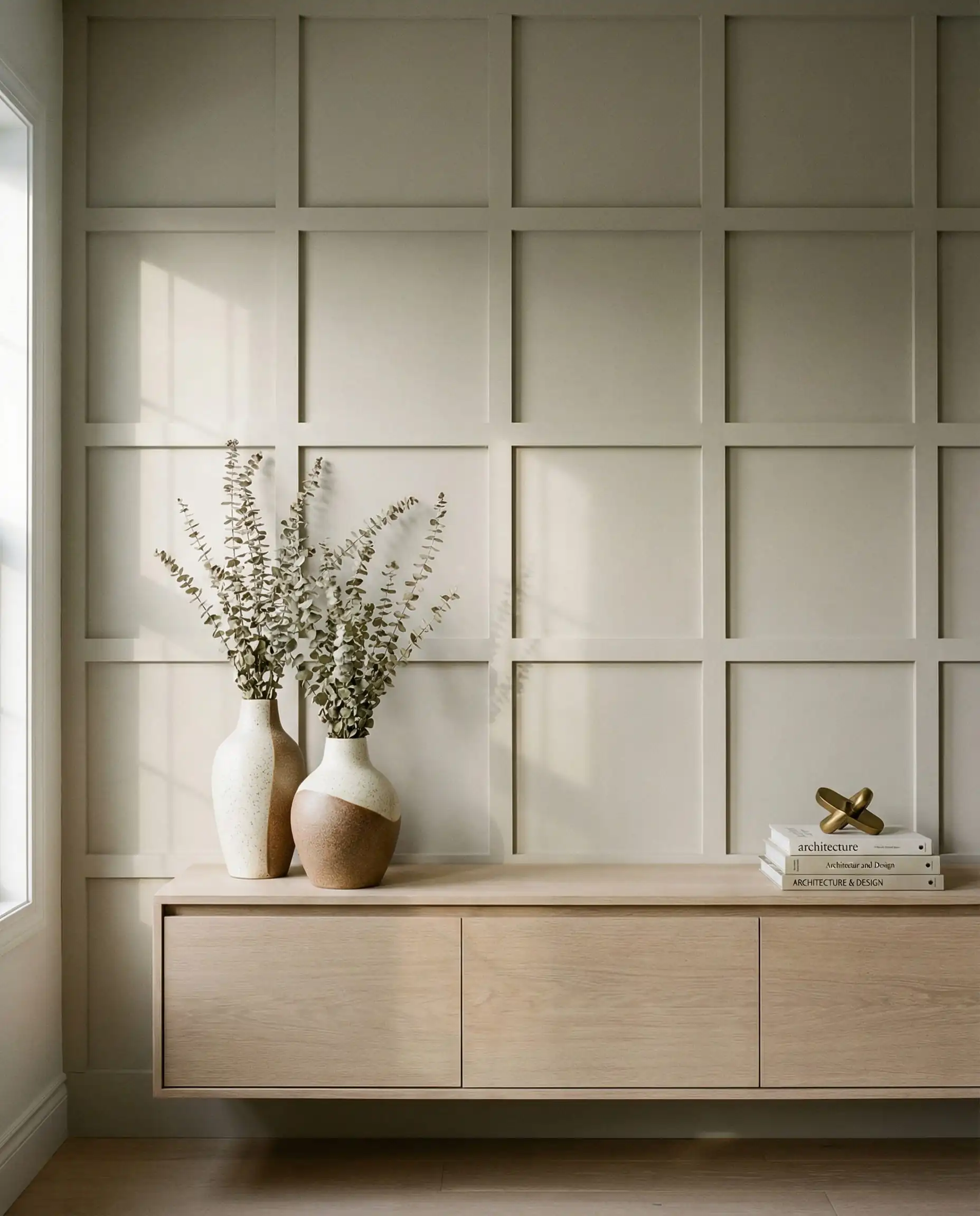 Large scale square grid board and batten wall in a greige minimalist living room with white oak console.
