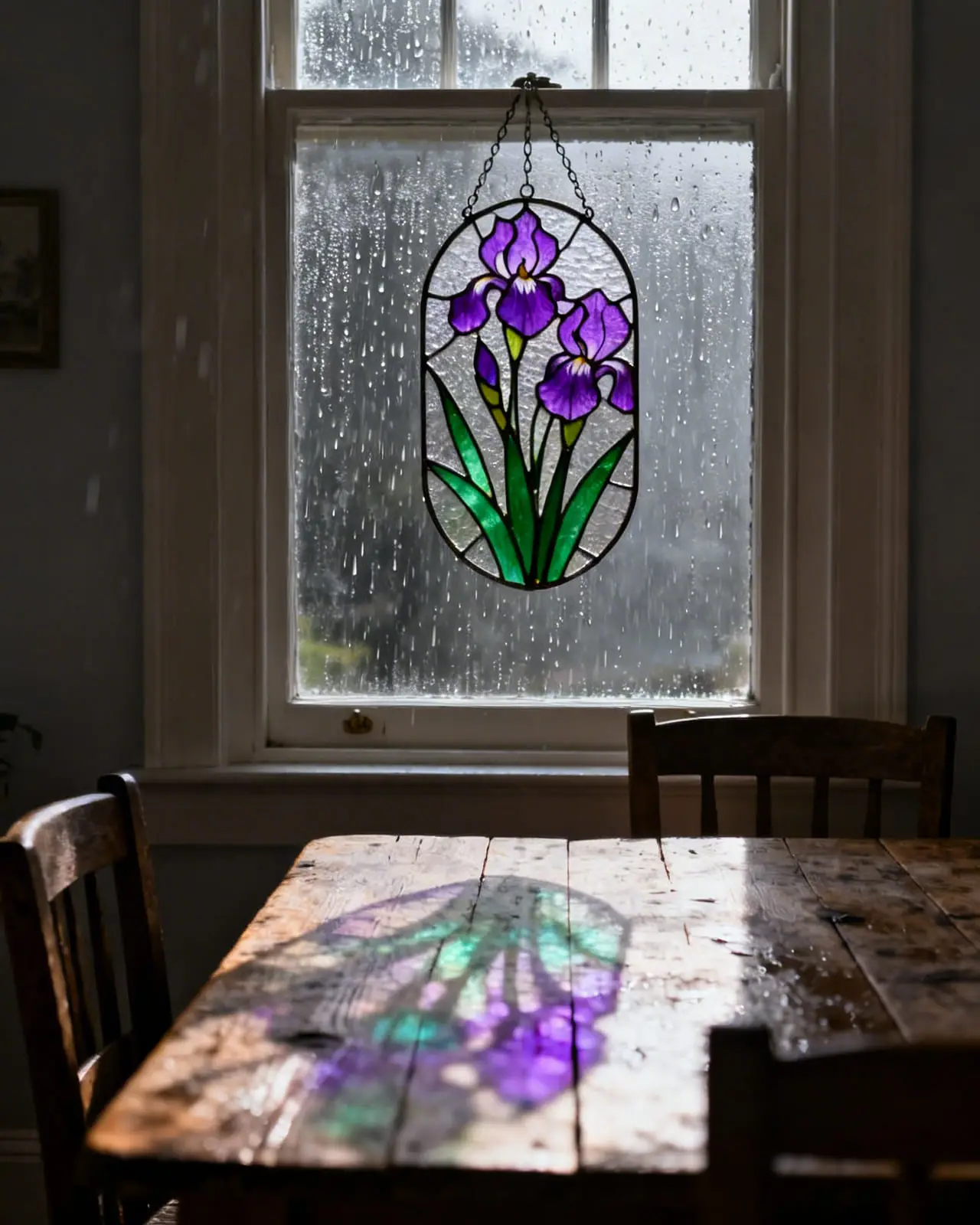 Stained glass suncatcher featuring iris flowers hanging in a window, casting colored light onto a table.