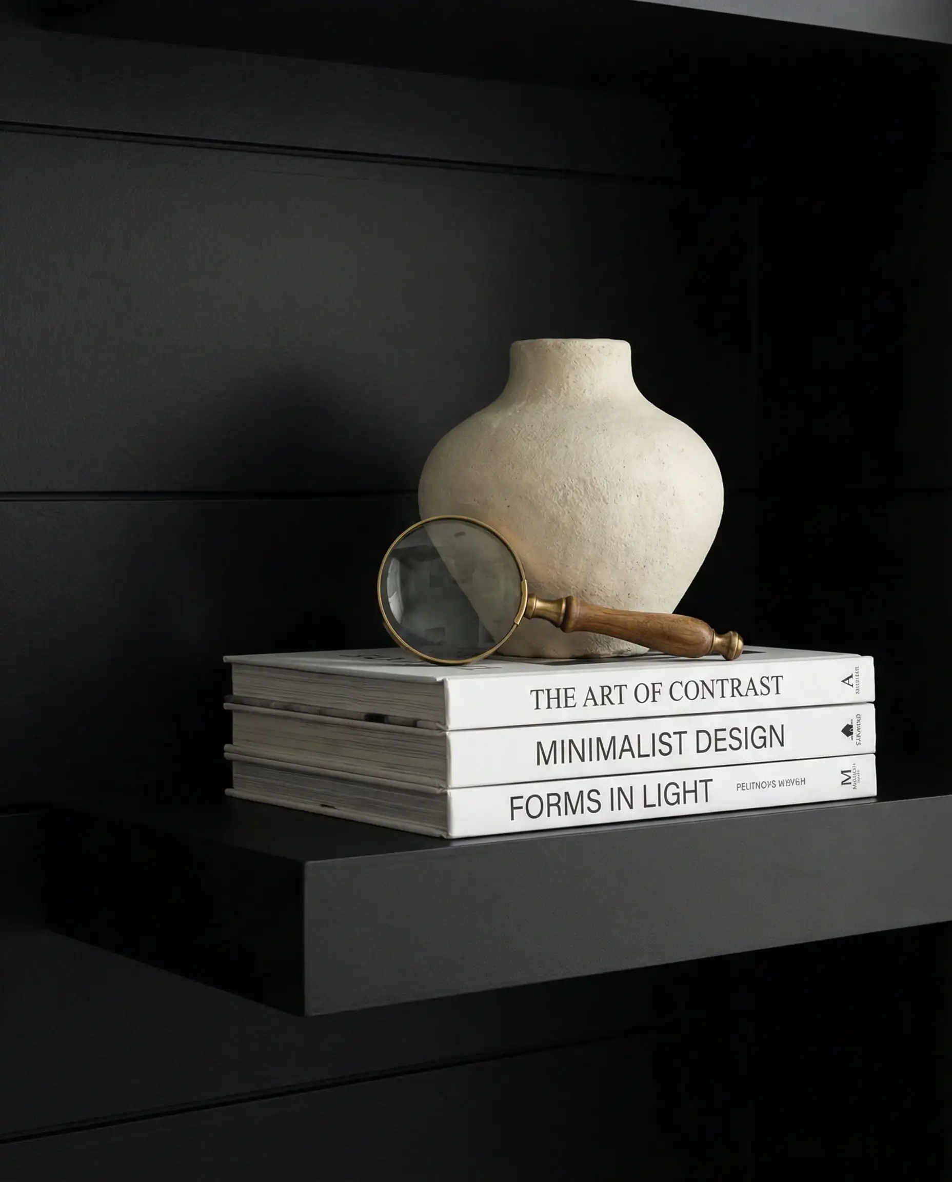 Detail shot of decor on black shelves popping against the dark background.