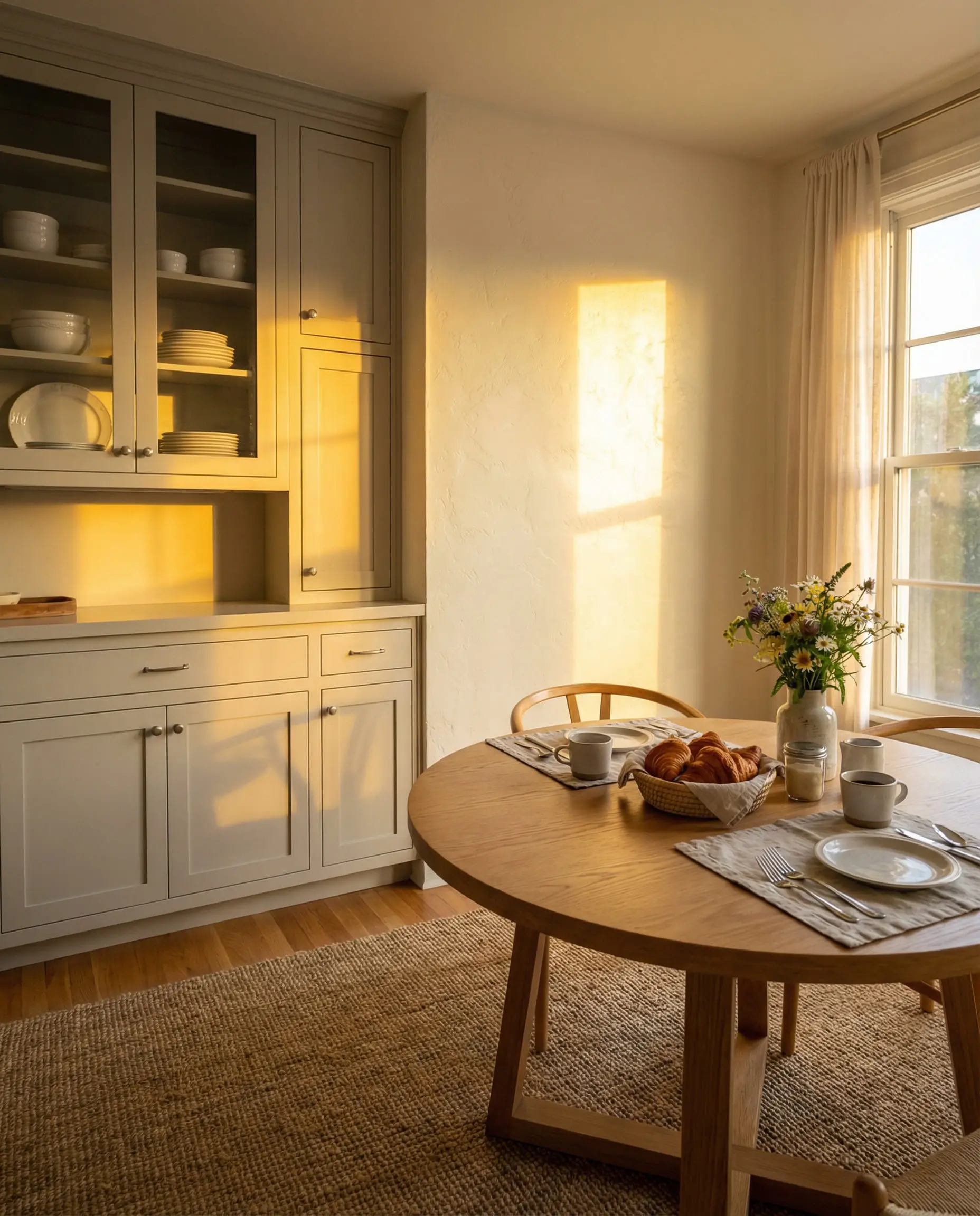 Wide shot of a sunny breakfast nook with gray cabinets, where sunlight on the warm white walls casts a golden glow on the space.
