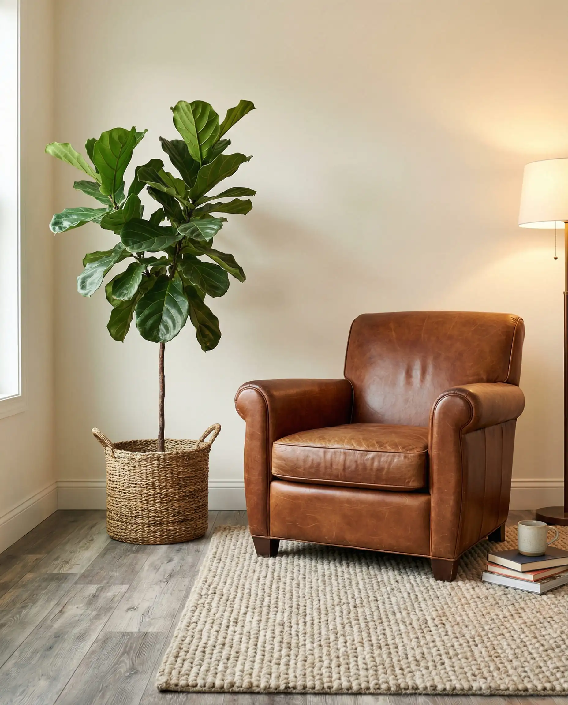 Cozy living room corner featuring Benjamin Moore Swiss Coffee walls, weathered gray laminate flooring, and a vintage cognac leather armchair.