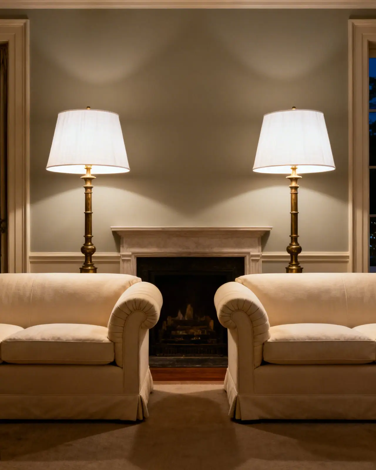 Two cream sofas side by side, each flanked by identical brass floor lamps with white shades for a formal look.