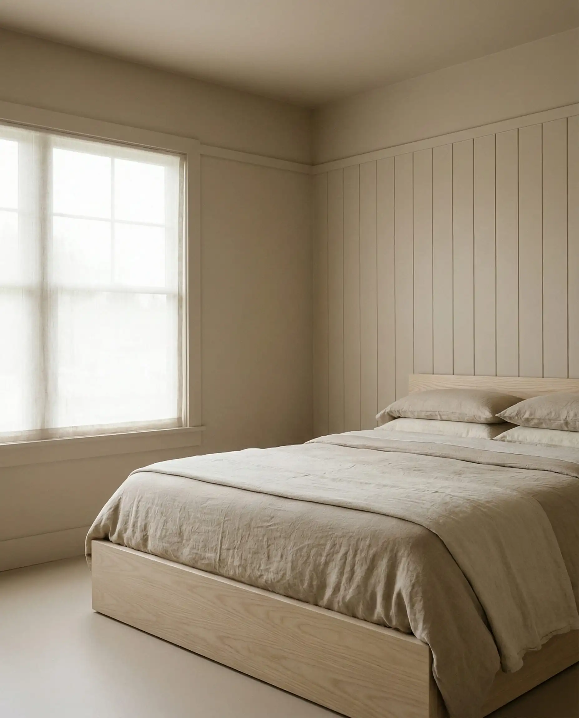 Minimalist bedroom with taupe board and batten walls and matching trim for a monochromatic look.