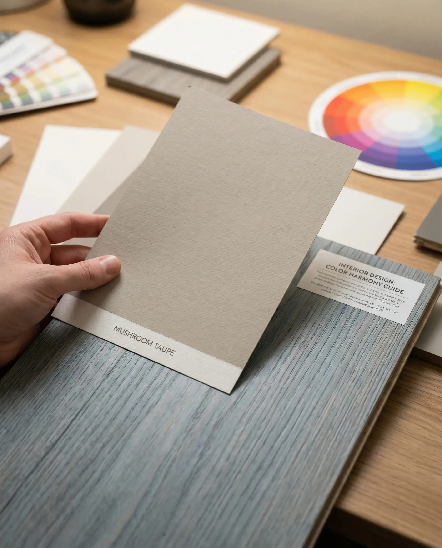 Close up of a mushroom taupe paint swatch blending harmoniously with a cool blue-toned gray floor plank.