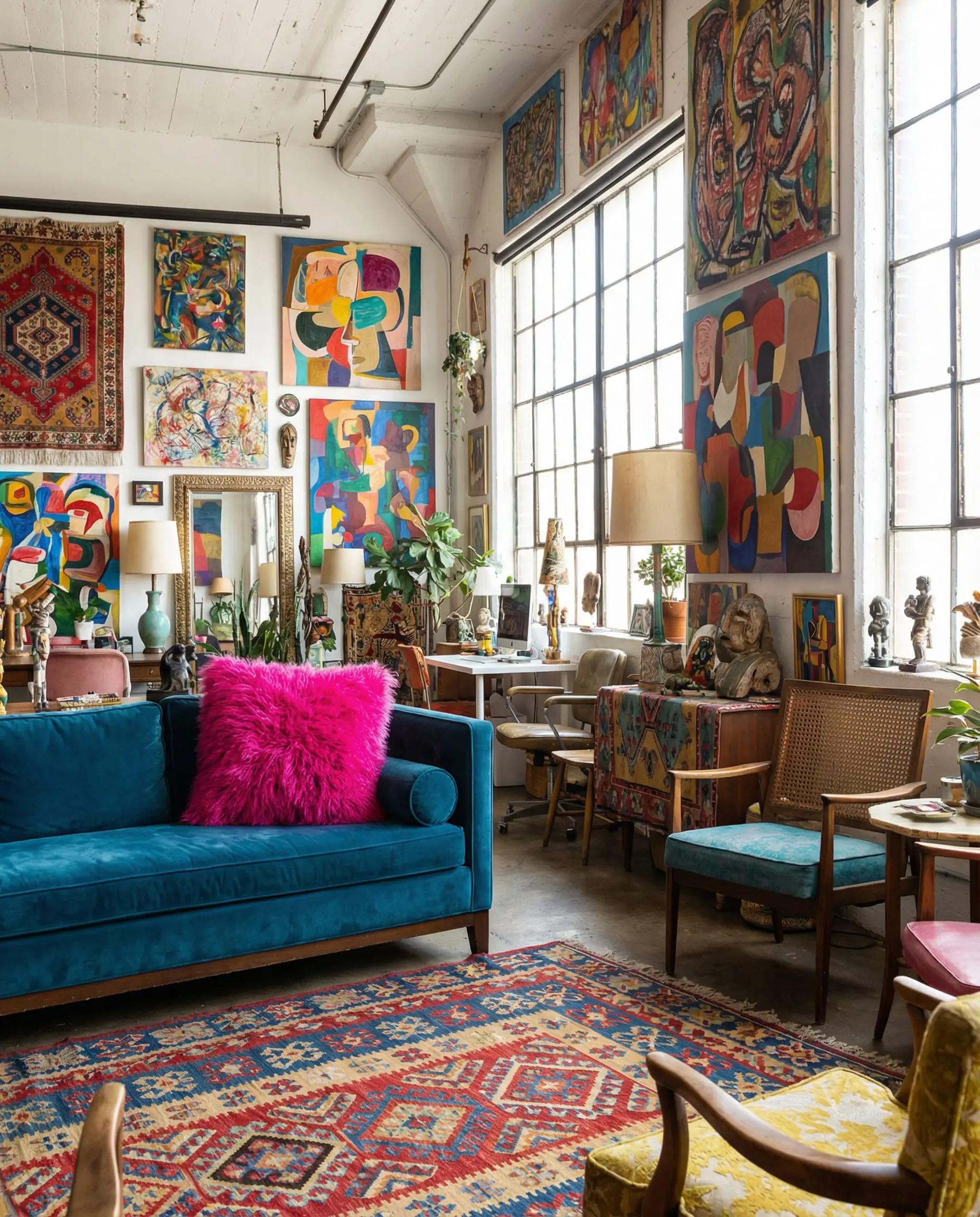 Eclectic teal couch styled with a bold magenta pink velvet pillow and colorful art.