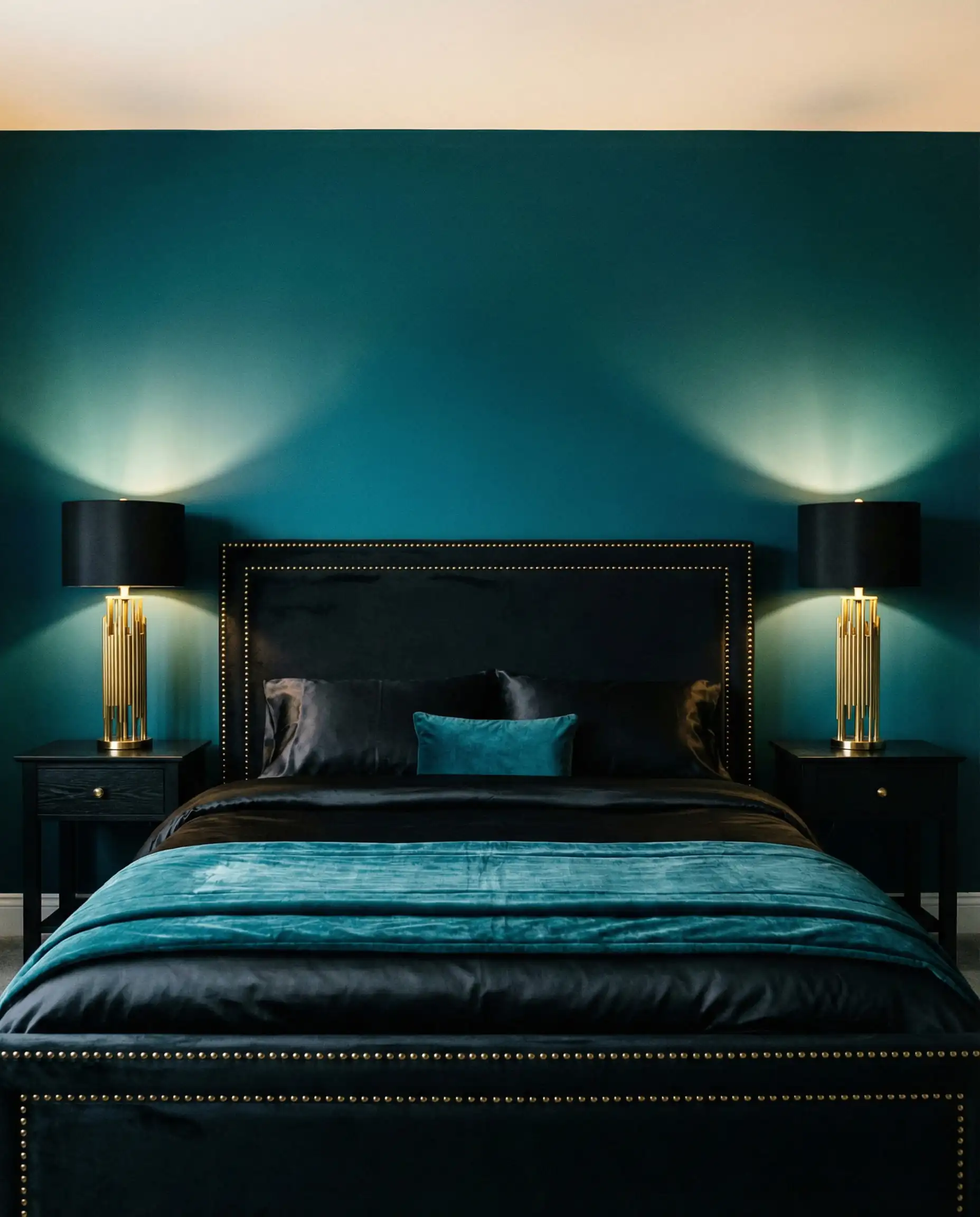 Modern bedroom with a deep teal accent wall behind a black velvet bed frame.