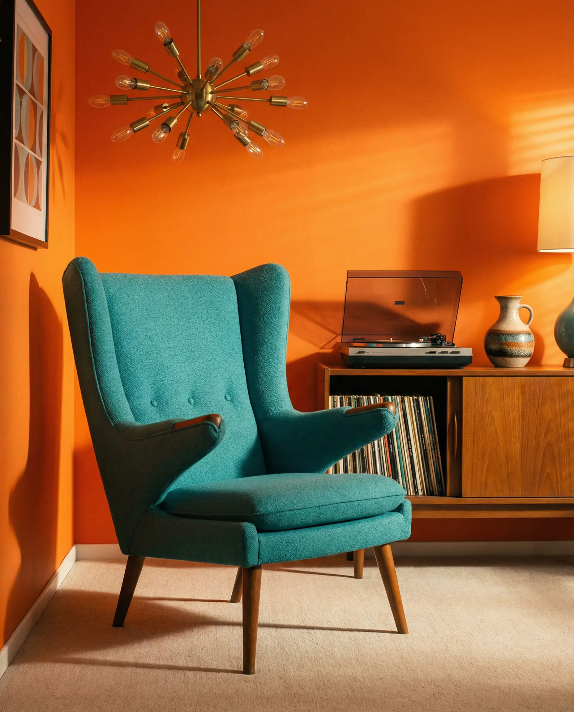 Retro Mid-Century Modern living room corner featuring a teal wingback chair against a bright orange wall with a sputnik chandelier.