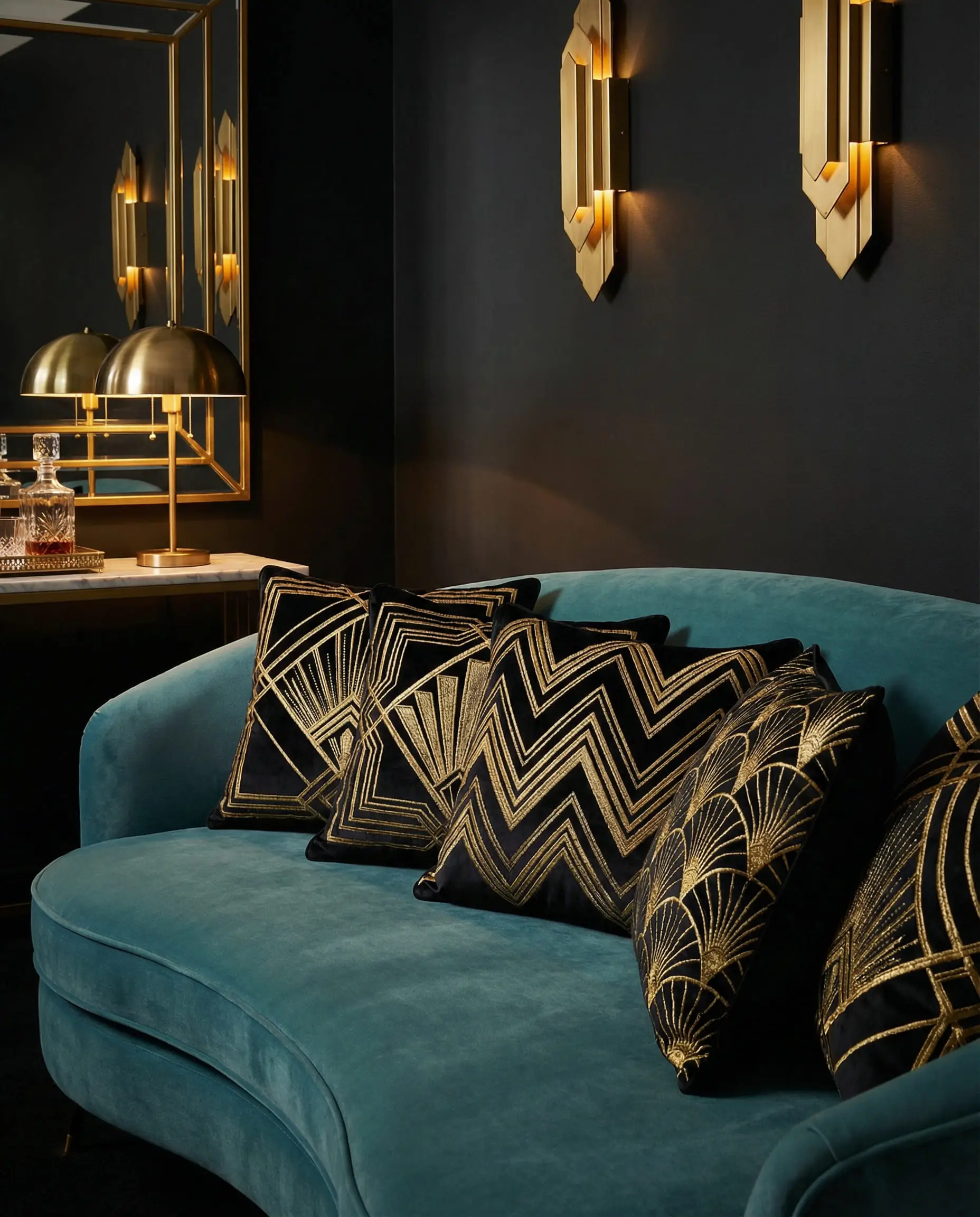 Art Deco inspired teal sofa featuring black pillows with heavy gold geometric embroidery.