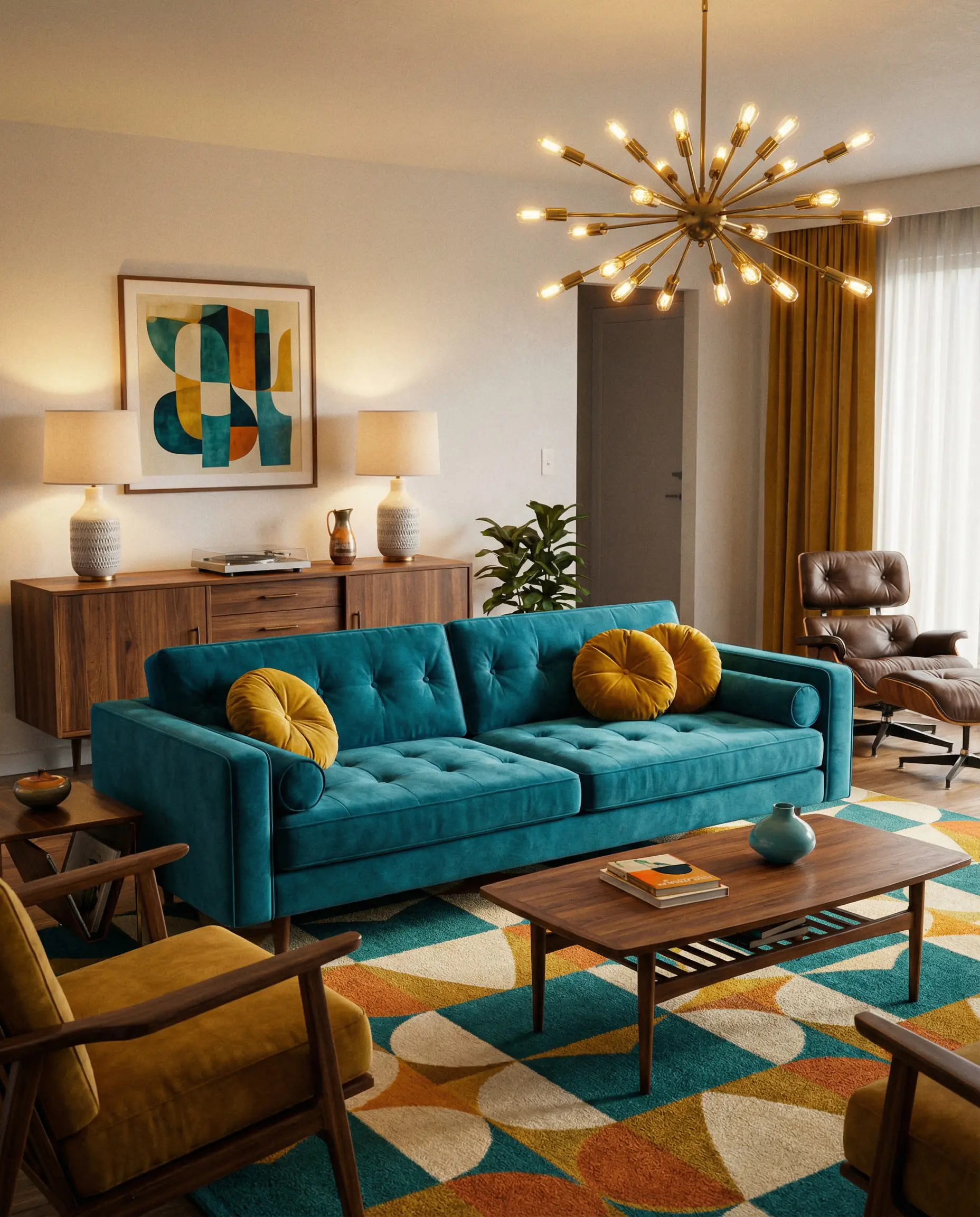 Mid-century modern teal velvet sofa styled with vibrant mustard yellow round velvet pillows.