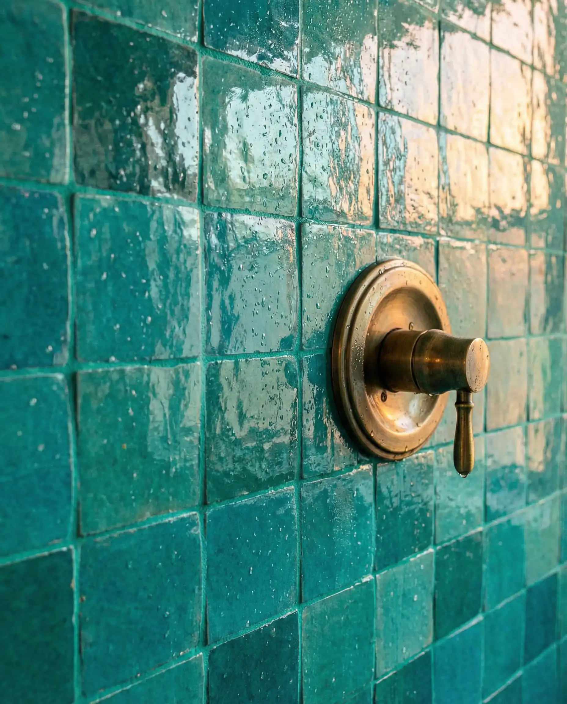 Shower wall featuring turquoise Zellige tiles with matching teal grout for a seamless look.