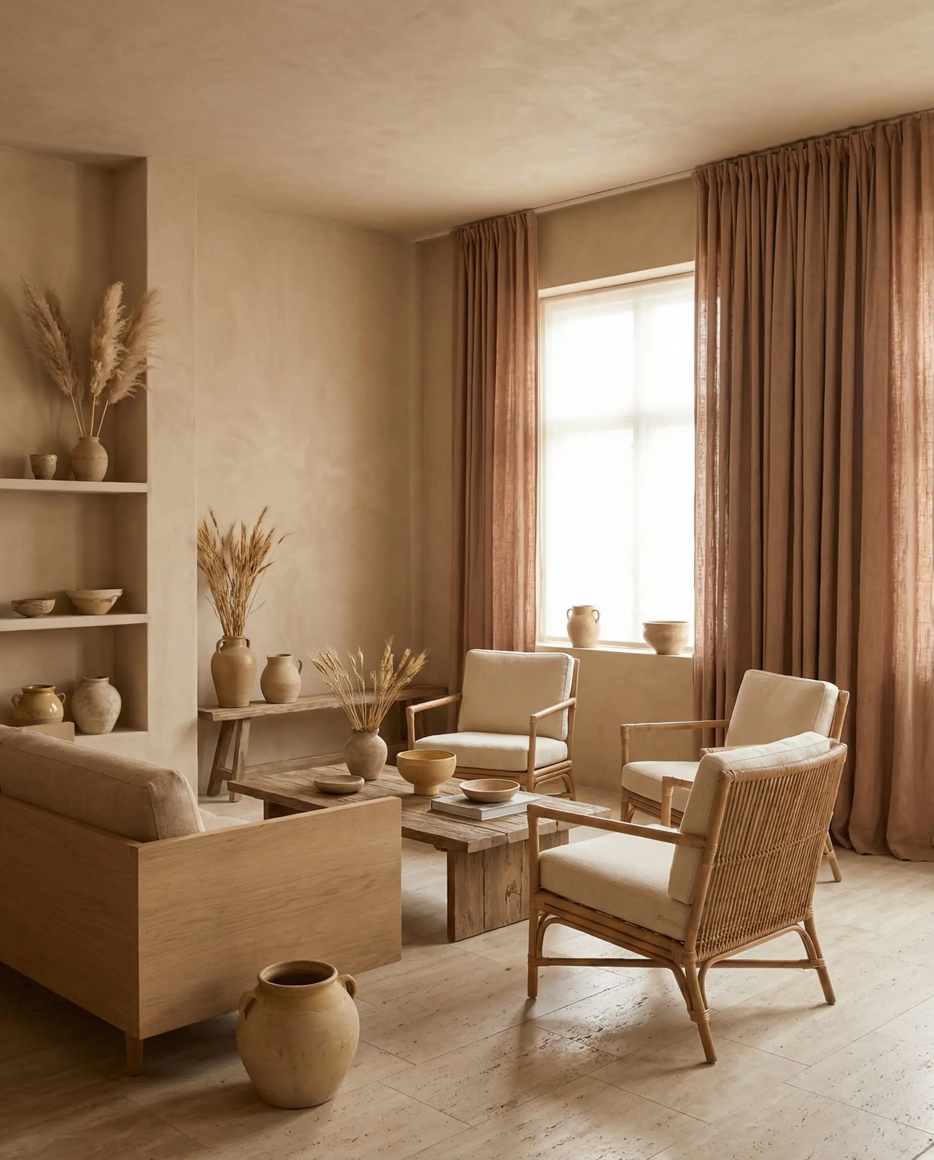 Earthy monochromatic living room with beige plaster walls and terracotta linen curtains.