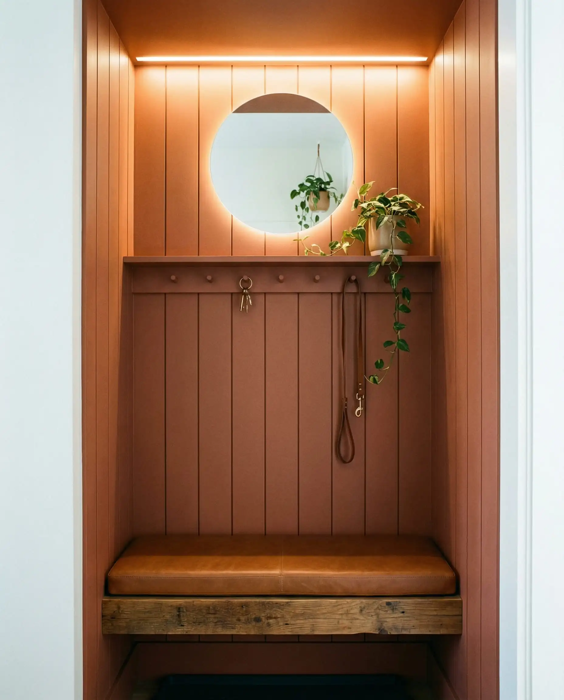 Small entryway alcove featuring terracotta board and batten paneling with floating wood bench and LED lighting.