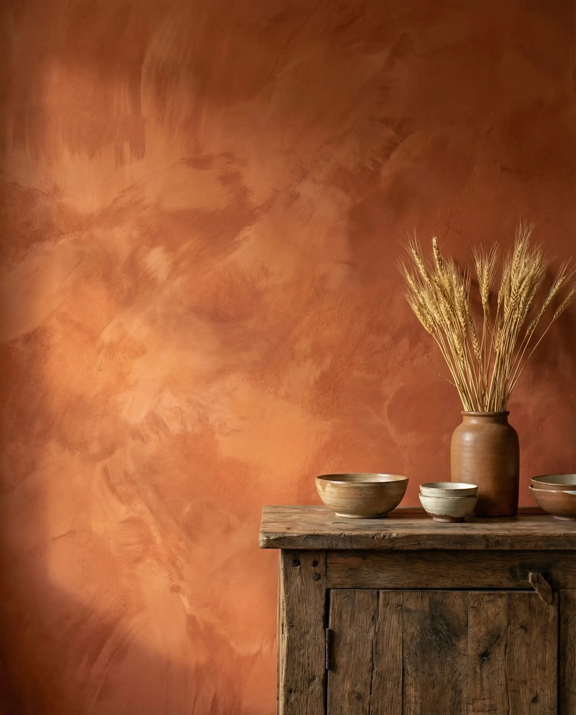 Close up of a dining room wall finished in textured terracotta limewash paint, styled with a rustic sideboard and pottery.