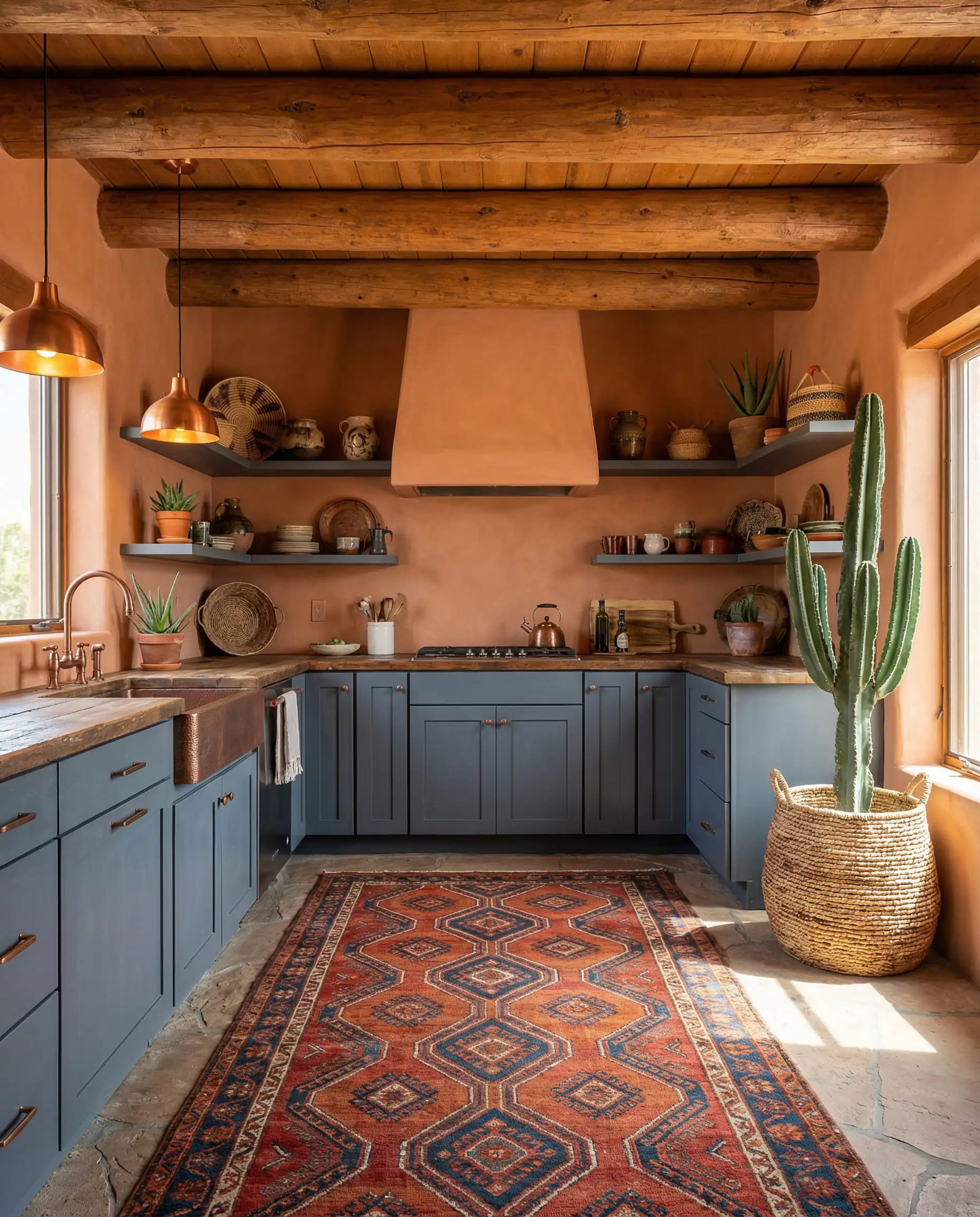Boho-style kitchen with cool blue-gray cabinets contrasting against bold terracotta orange walls and rustic beams.