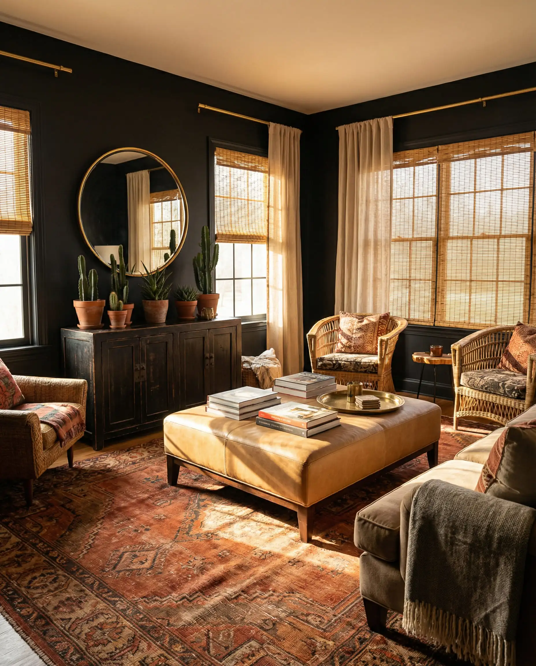 Mediterranean style living room with black walls and a large rust-colored terracotta rug.