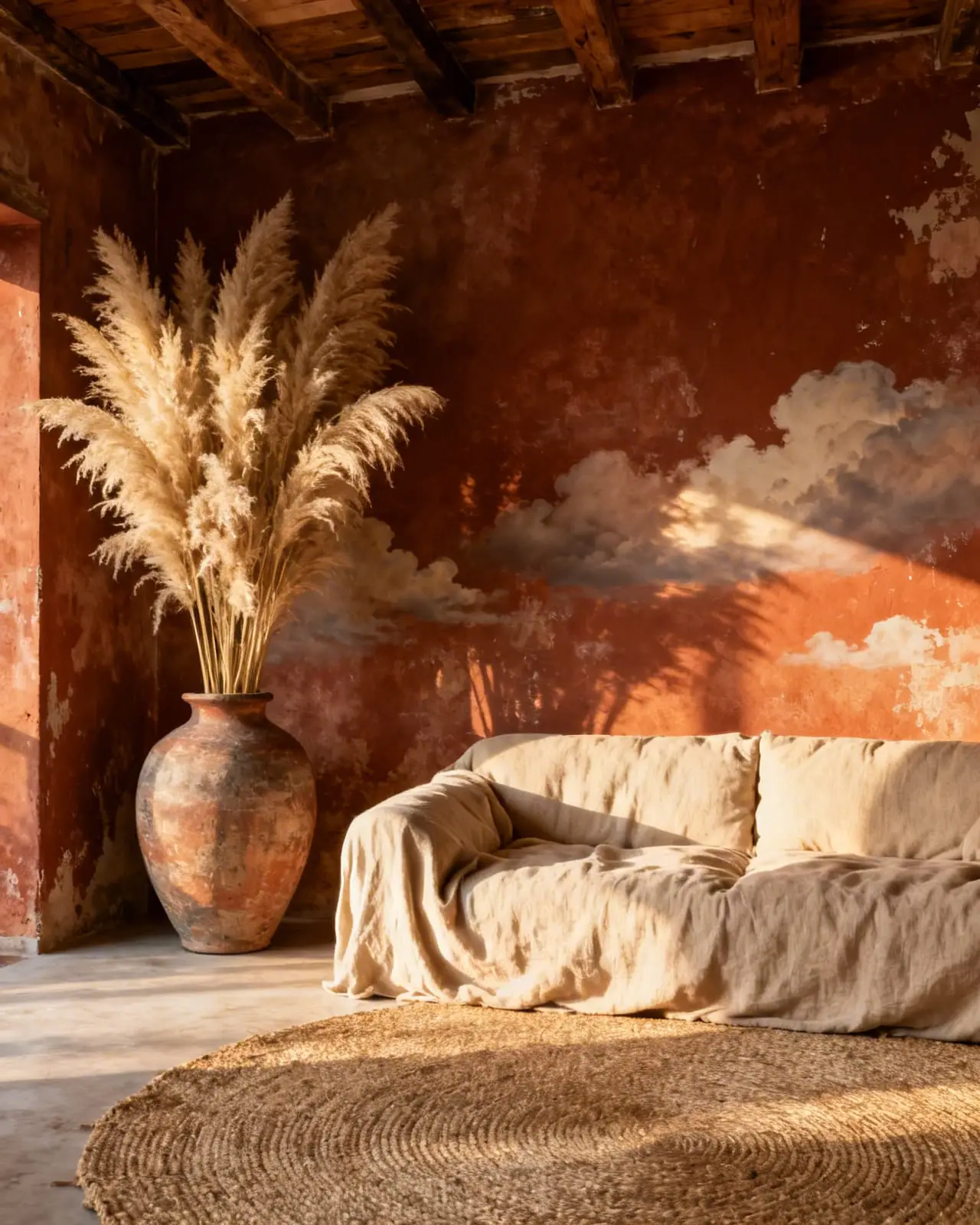 Boho-chic living room with textured terracotta lime wash walls, a beige linen sofa, and tall dried pampas grass decor.