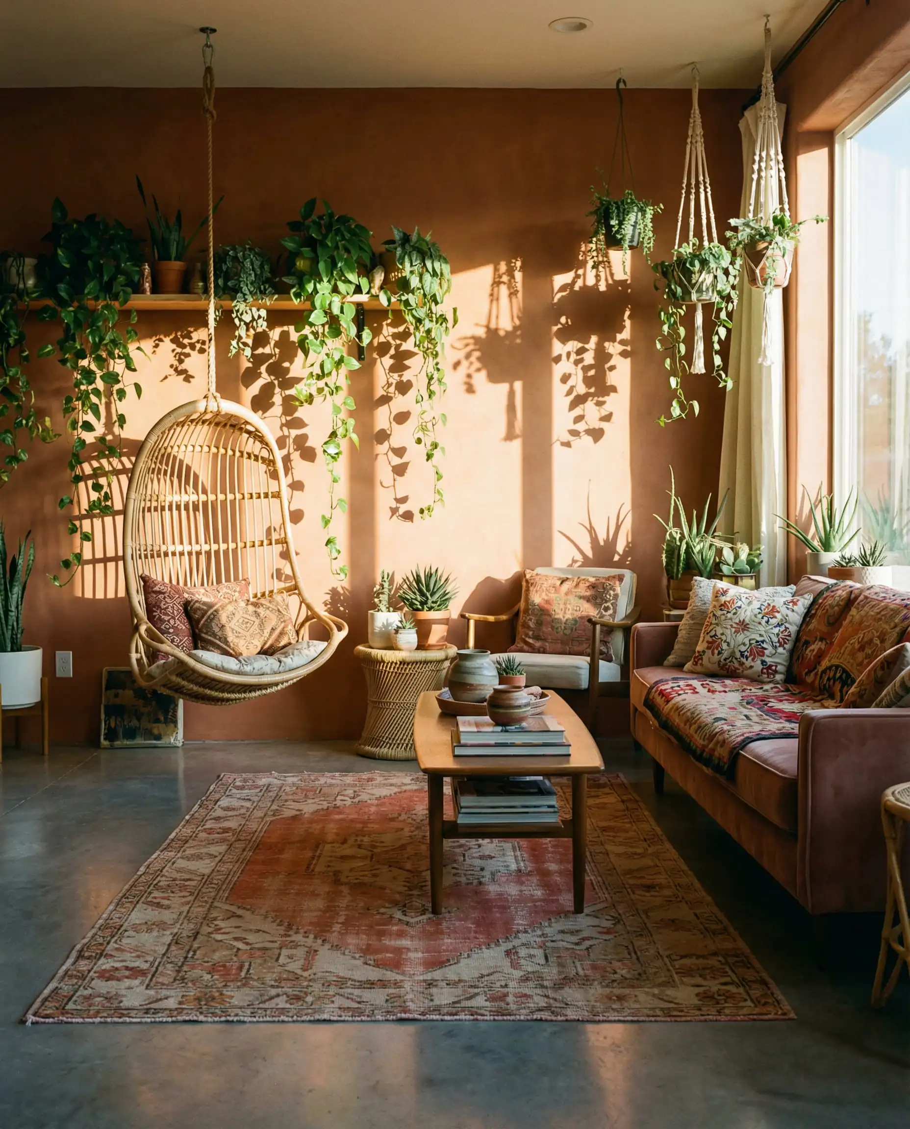 Bohemian living room with terracotta Cavern Clay walls, polished gray concrete floors, rattan furniture, and hanging plants.