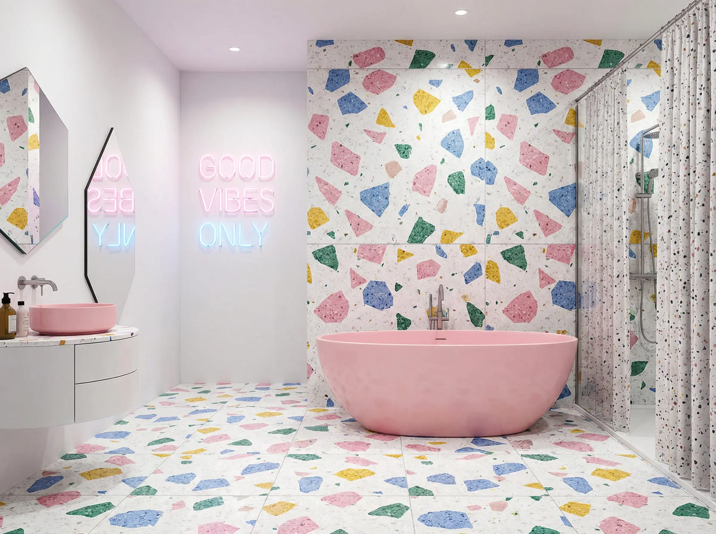 Modern bathroom with colorful chunk terrazzo flooring extending up the tub wall.