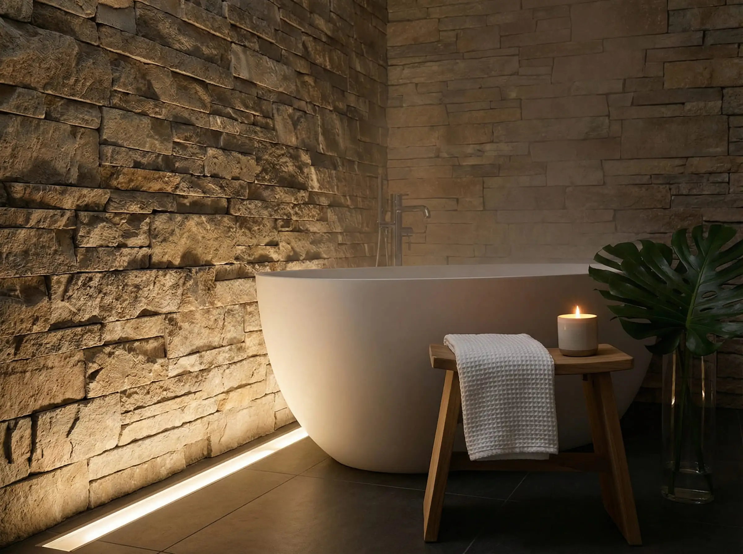 Modern freestanding bathtub set against a rough-hewn stacked stone accent wall lit by floor recessed LED uplights.