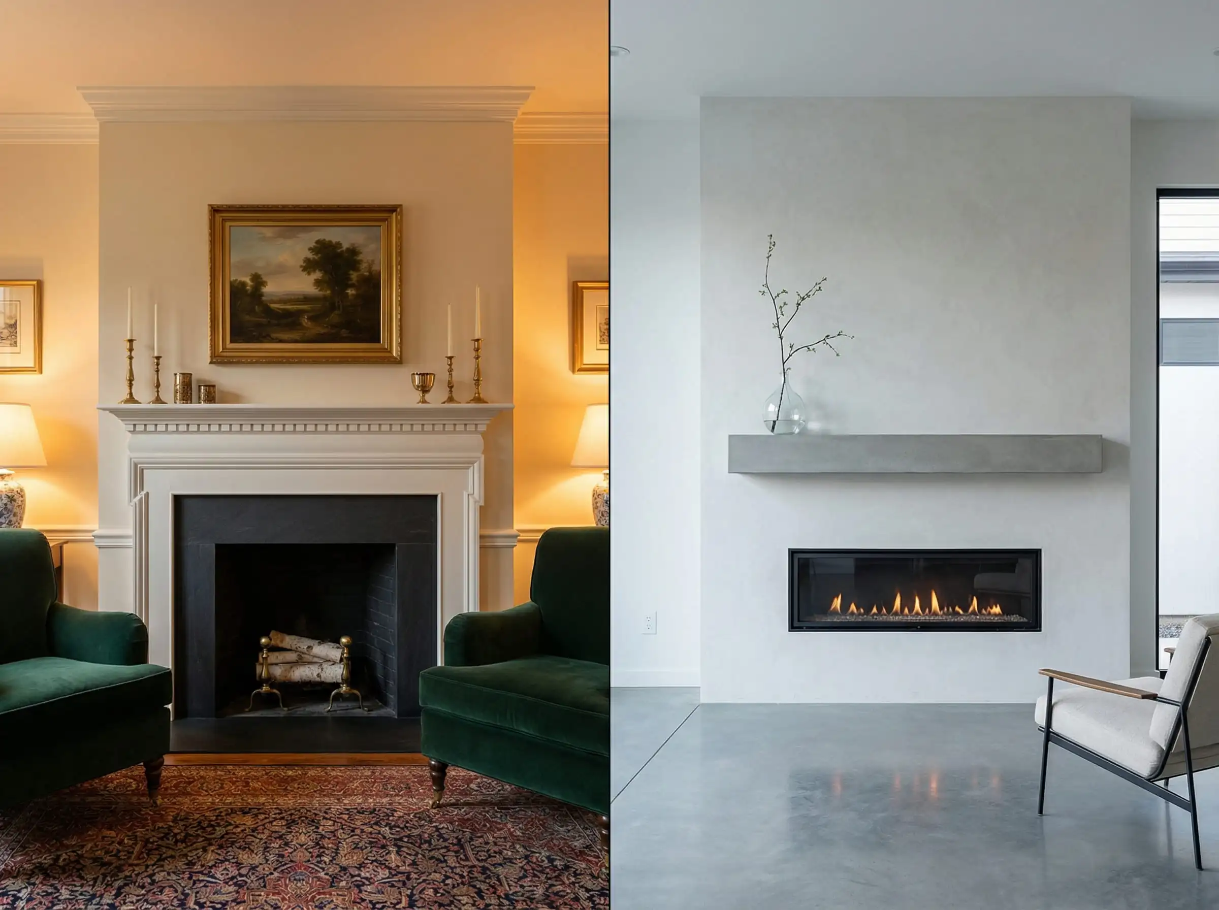 Split image comparison: Traditional wood mantel at 54 inches (left) vs. modern floating concrete mantel at 60 inches (right).
