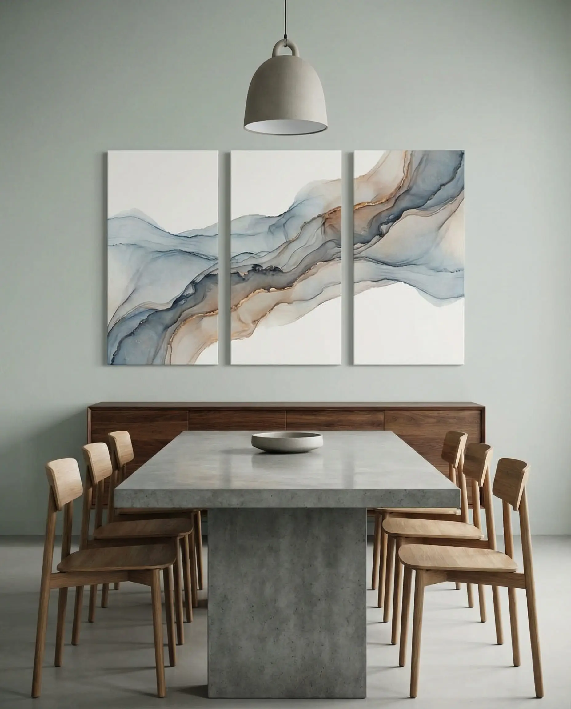 Contemporary rectangular dining table with a triptych of three vertical canvas panels hanging on the wall.