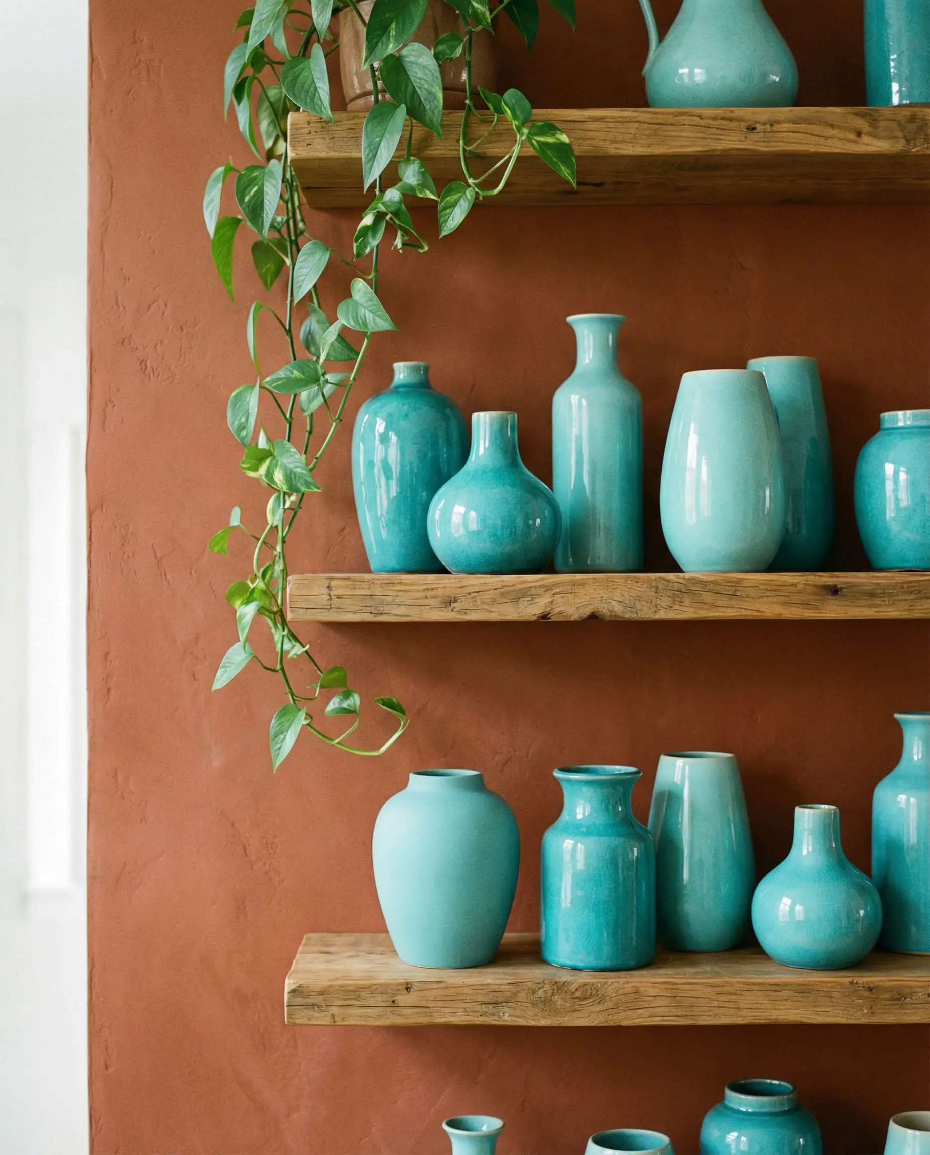 Shelf styling detail showing bright turquoise ceramic vases arranged on wooden shelves against a deep rust-colored wall.