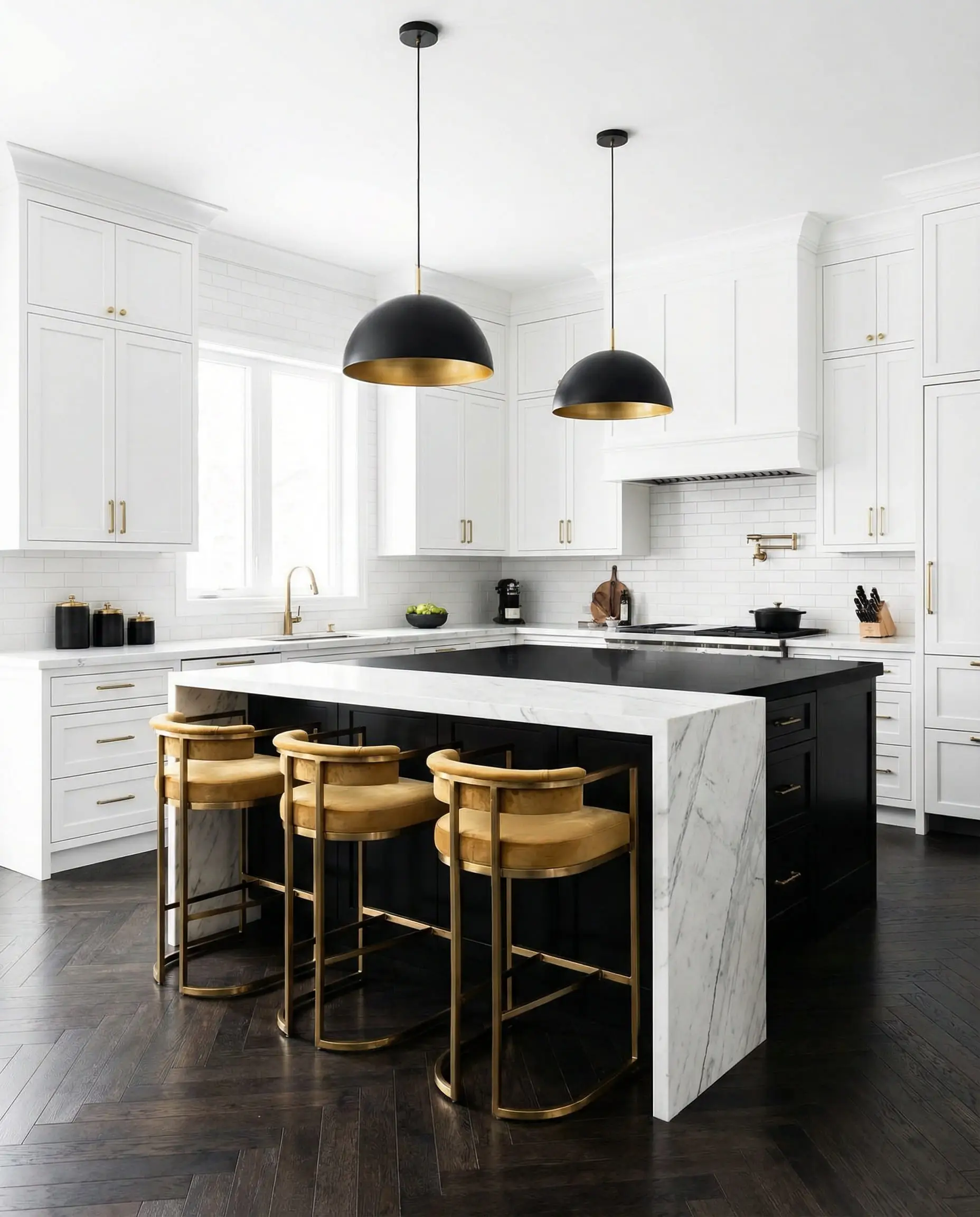 Large white kitchen featuring a contrasting jet black island with gold velvet bar stools and oversized dome pendants.