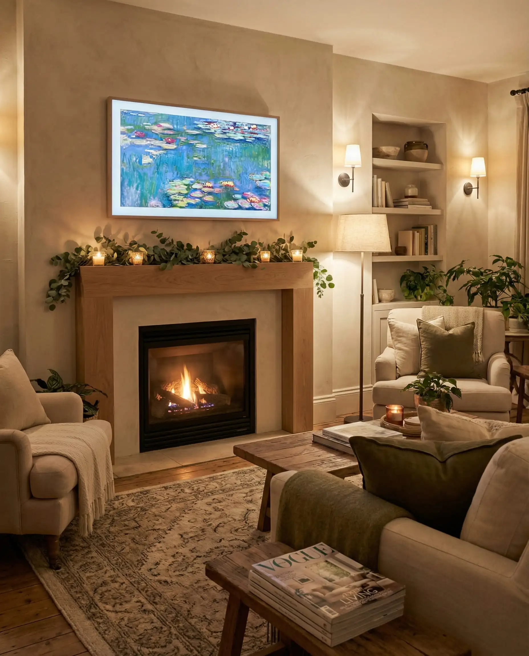 Living room with Samsung The Frame TV mounted above a white oak mantel with a safe 10-inch heat clearance gap.