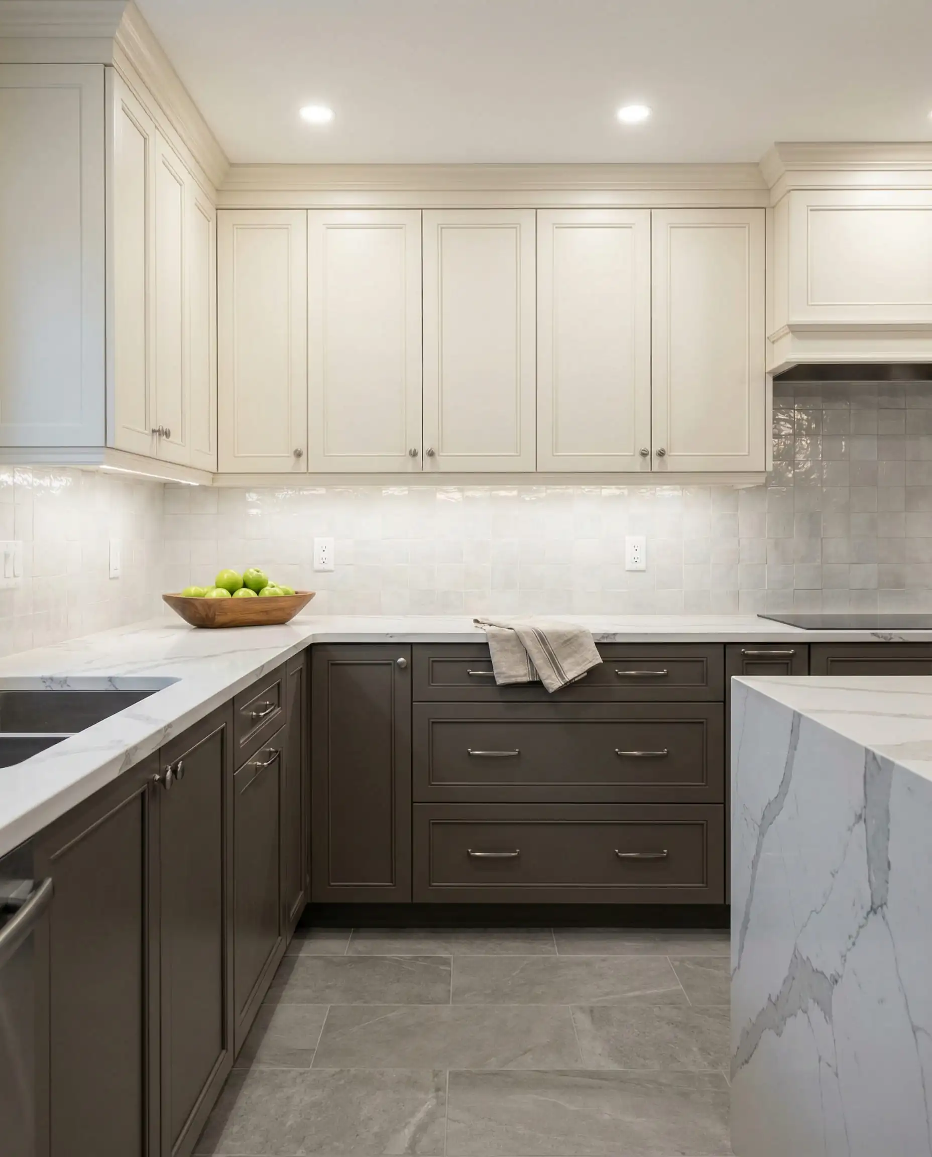 Two-tone kitchen design with earthy mushroom lower cabinets, white upper cabinets, and mid-tone gray porcelain floor tiles.