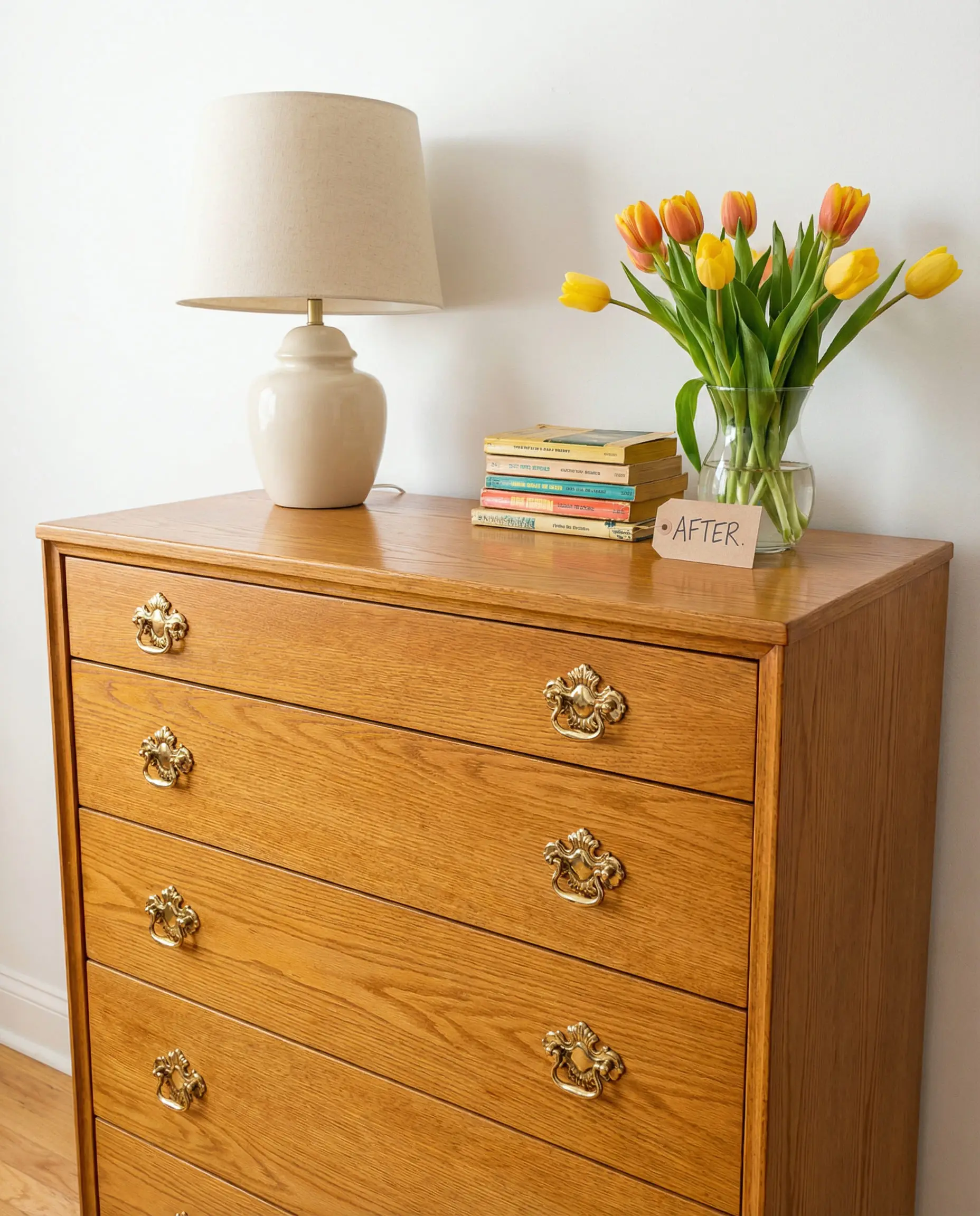 Restored vintage wooden dresser featuring new floral brass hardware and fresh flowers.