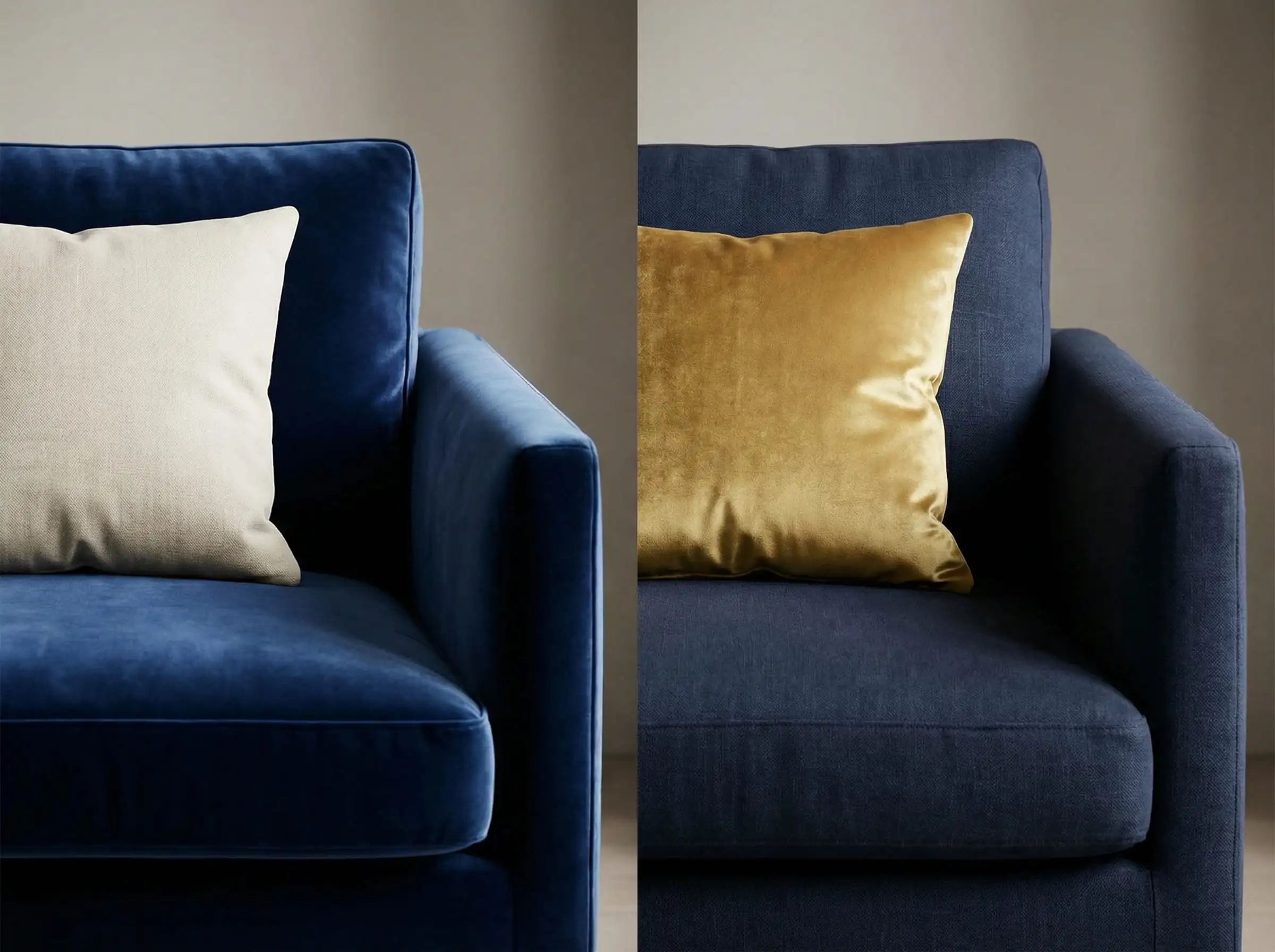 Split image comparison: Navy velvet sofa with matte linen pillow vs. Navy linen sofa with shiny velvet pillow.
