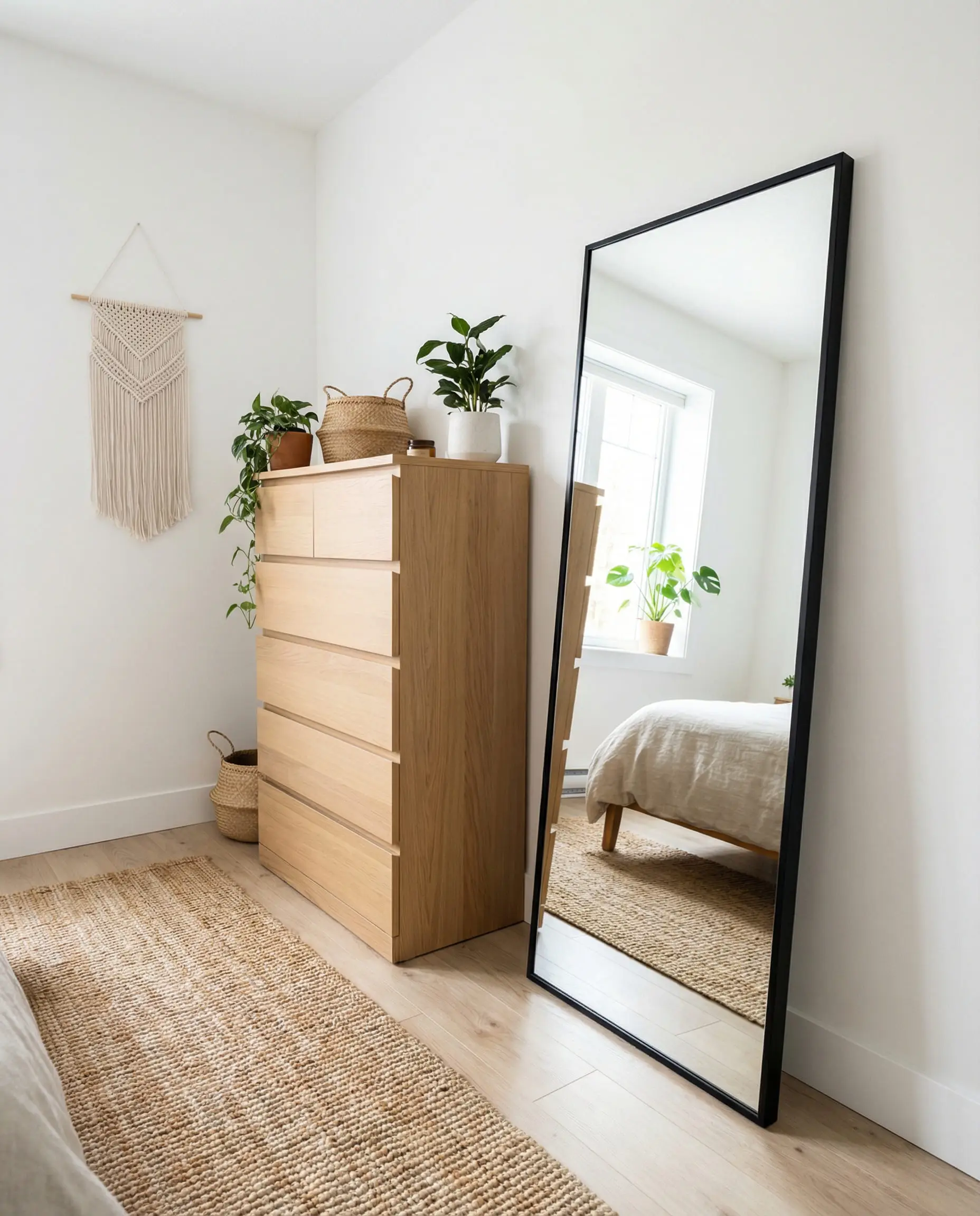 Vertical dresser placed next to a floor mirror in a scandi-boho small bedroom.