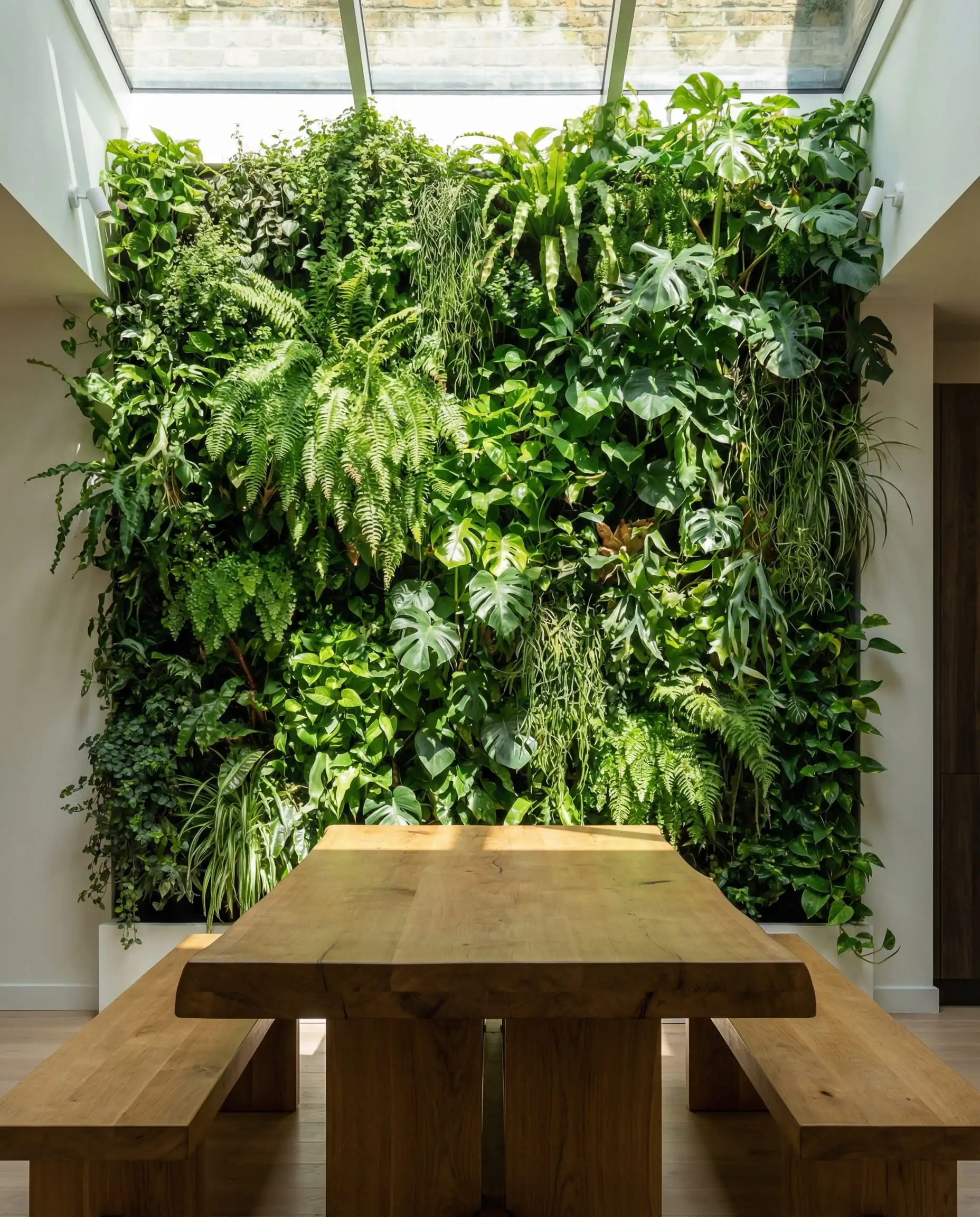 Lush biophilic dining room where the entire back wall is a living vertical garden filled with ferns and pothos plants.